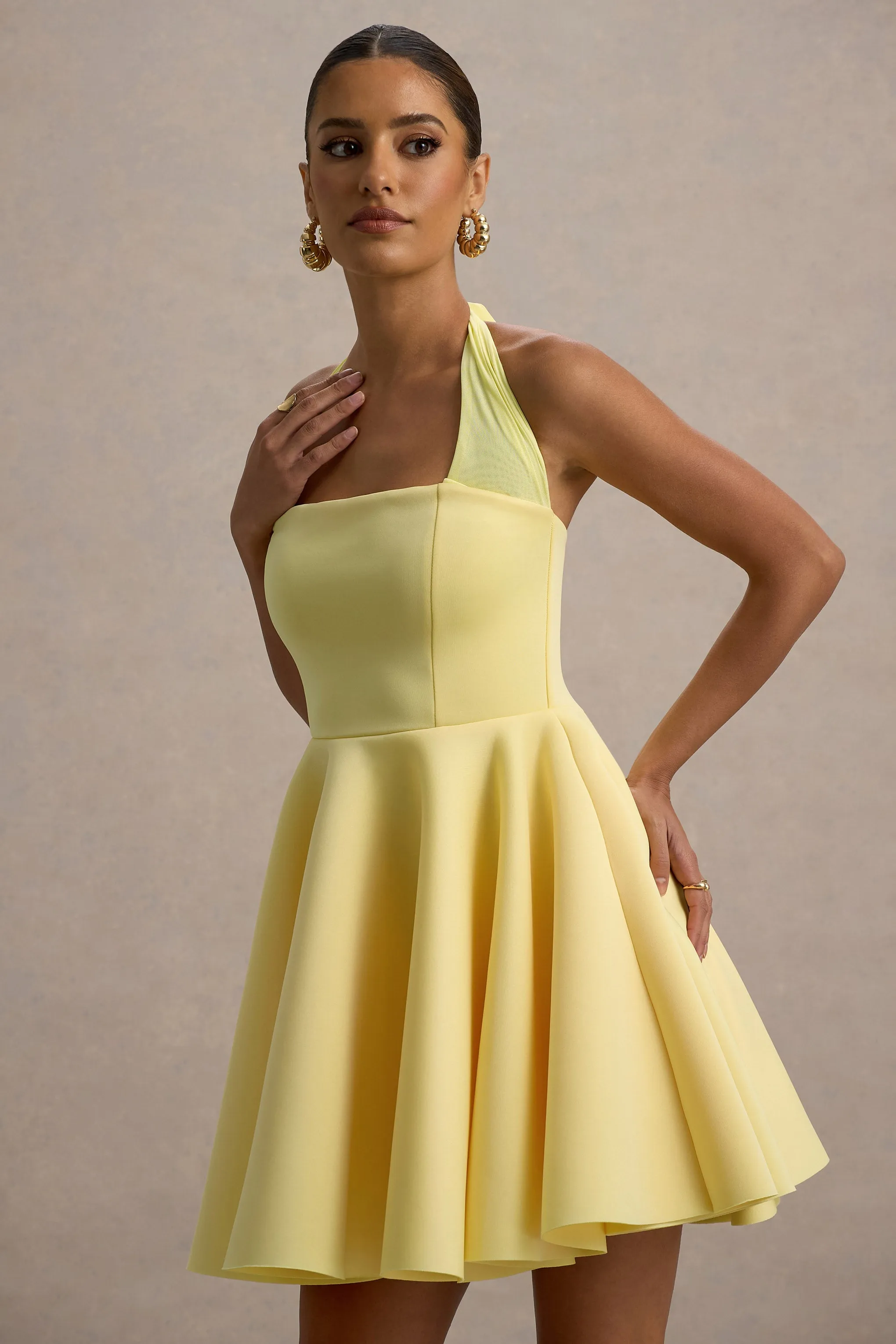 Peggy | Lemon Halter-Neck Skater Mini Dress Club L London