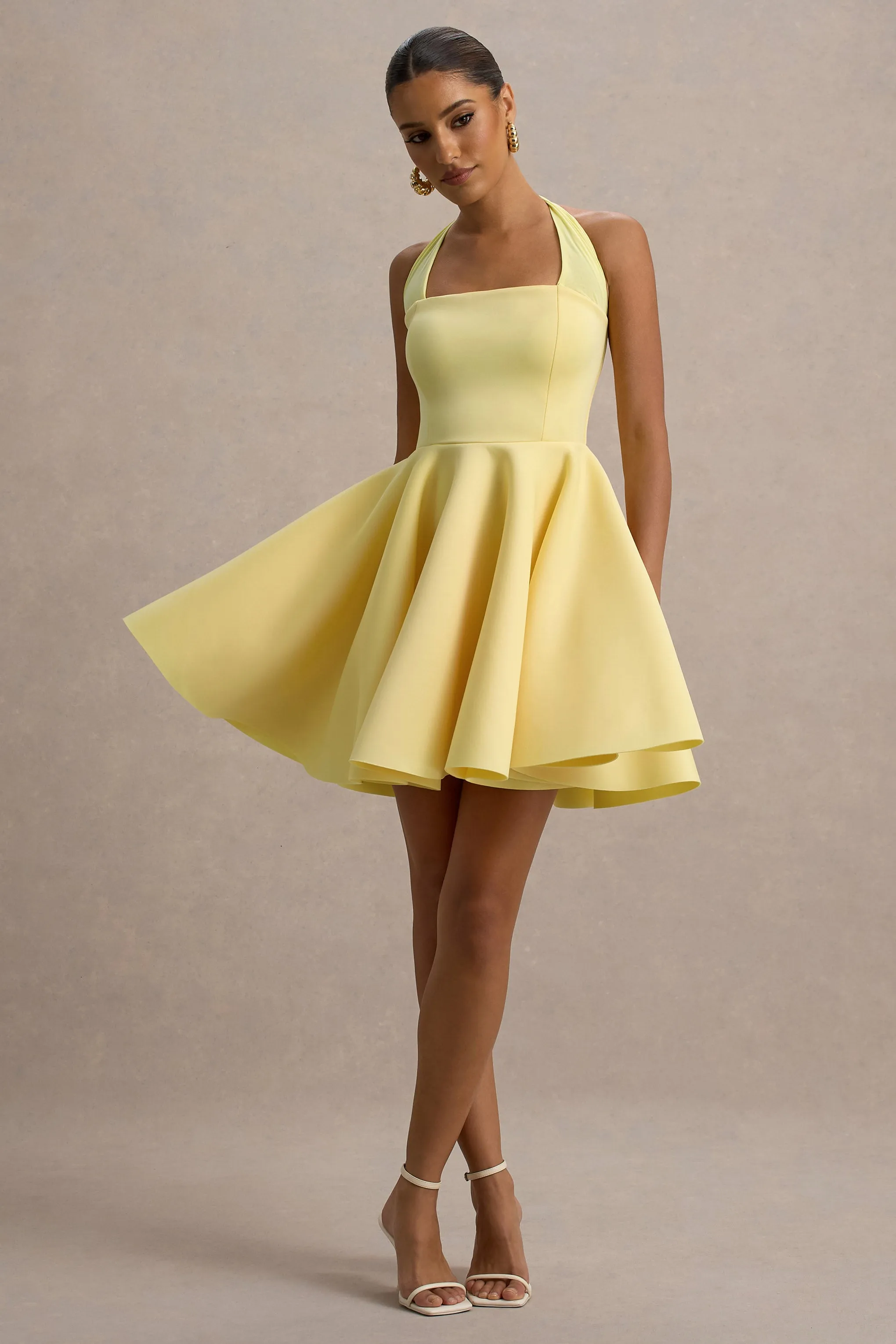 Peggy | Lemon Halter-Neck Skater Mini Dress Club L London