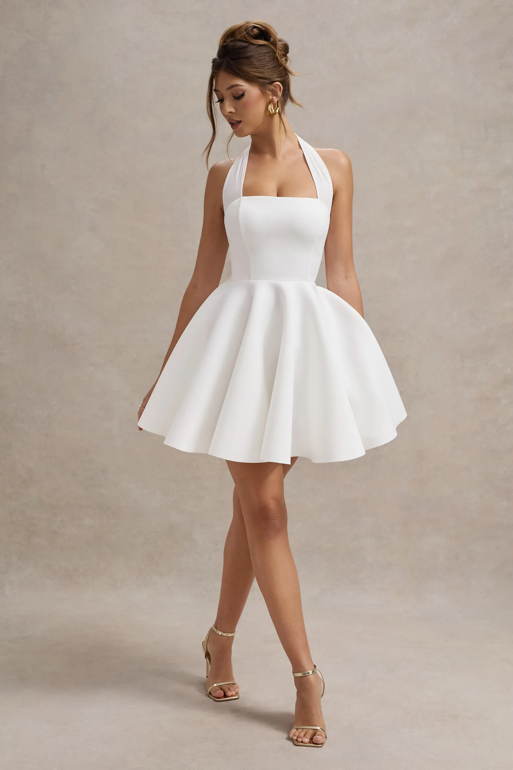 Peggy | White Halter-Neck Skater Mini Dress Club L London