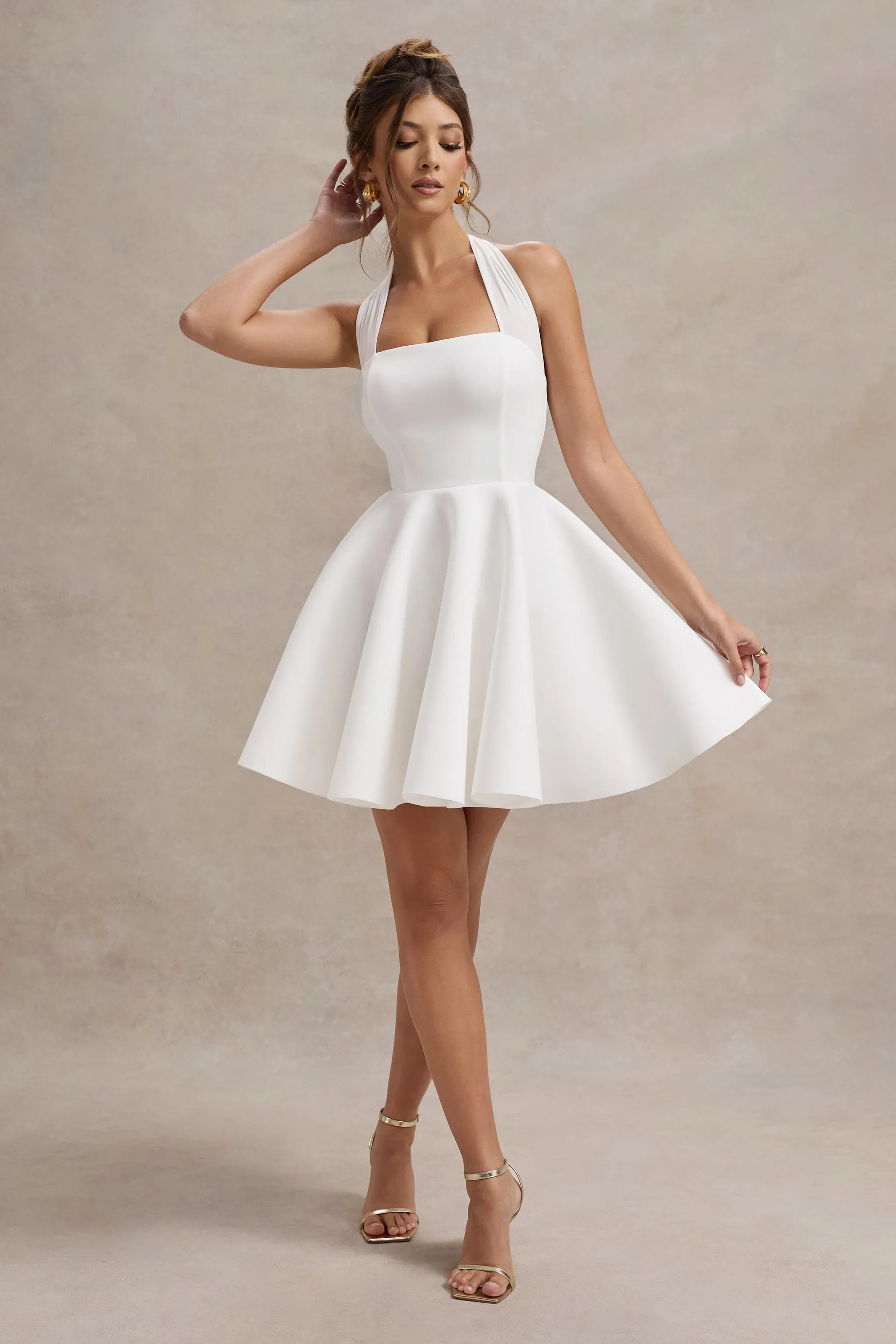 Peggy | White Halter-Neck Skater Mini Dress Club L London