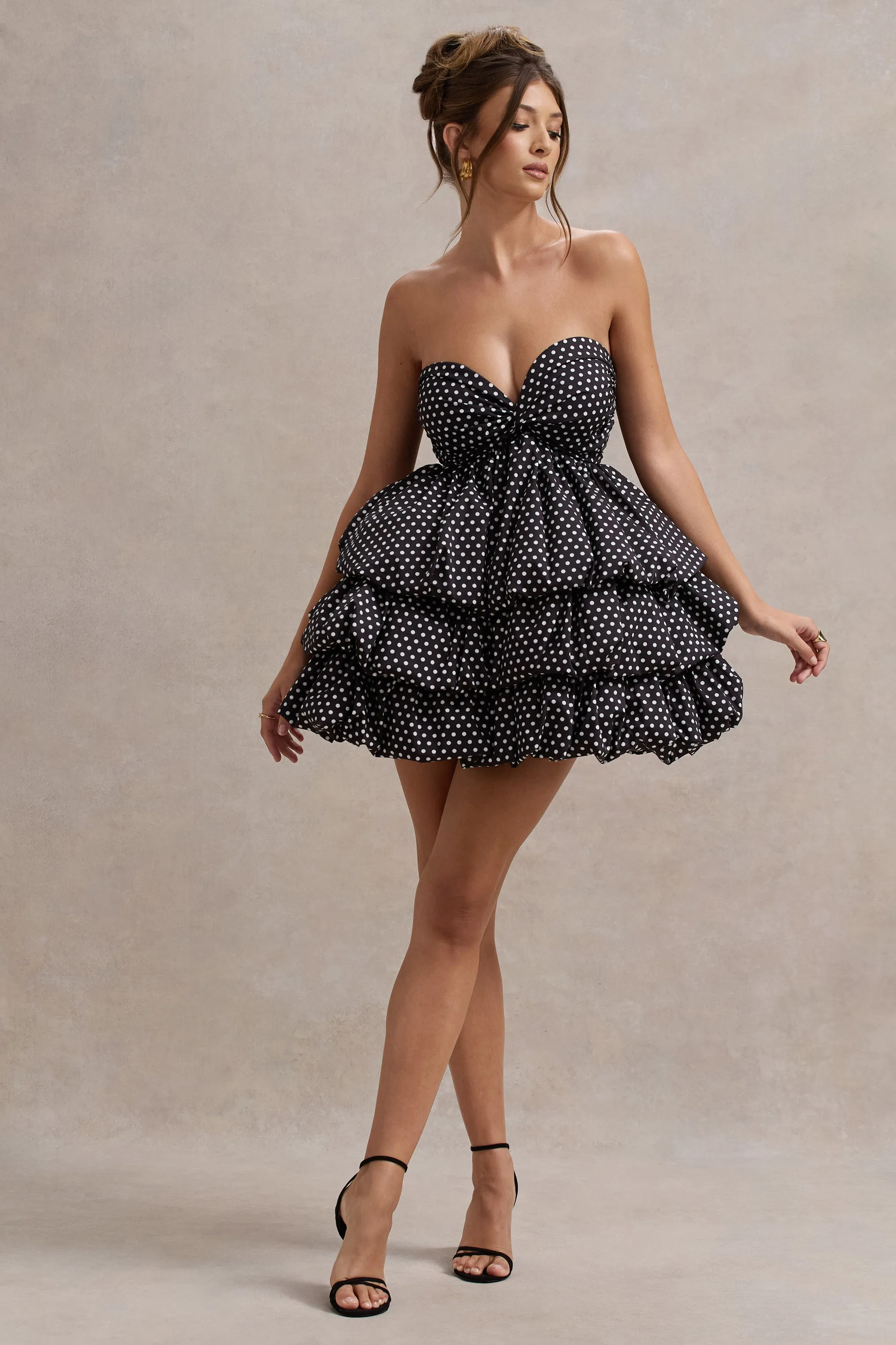 Pepper | Black Polka Dot Strapless Ruffled Mini Dress Club L London