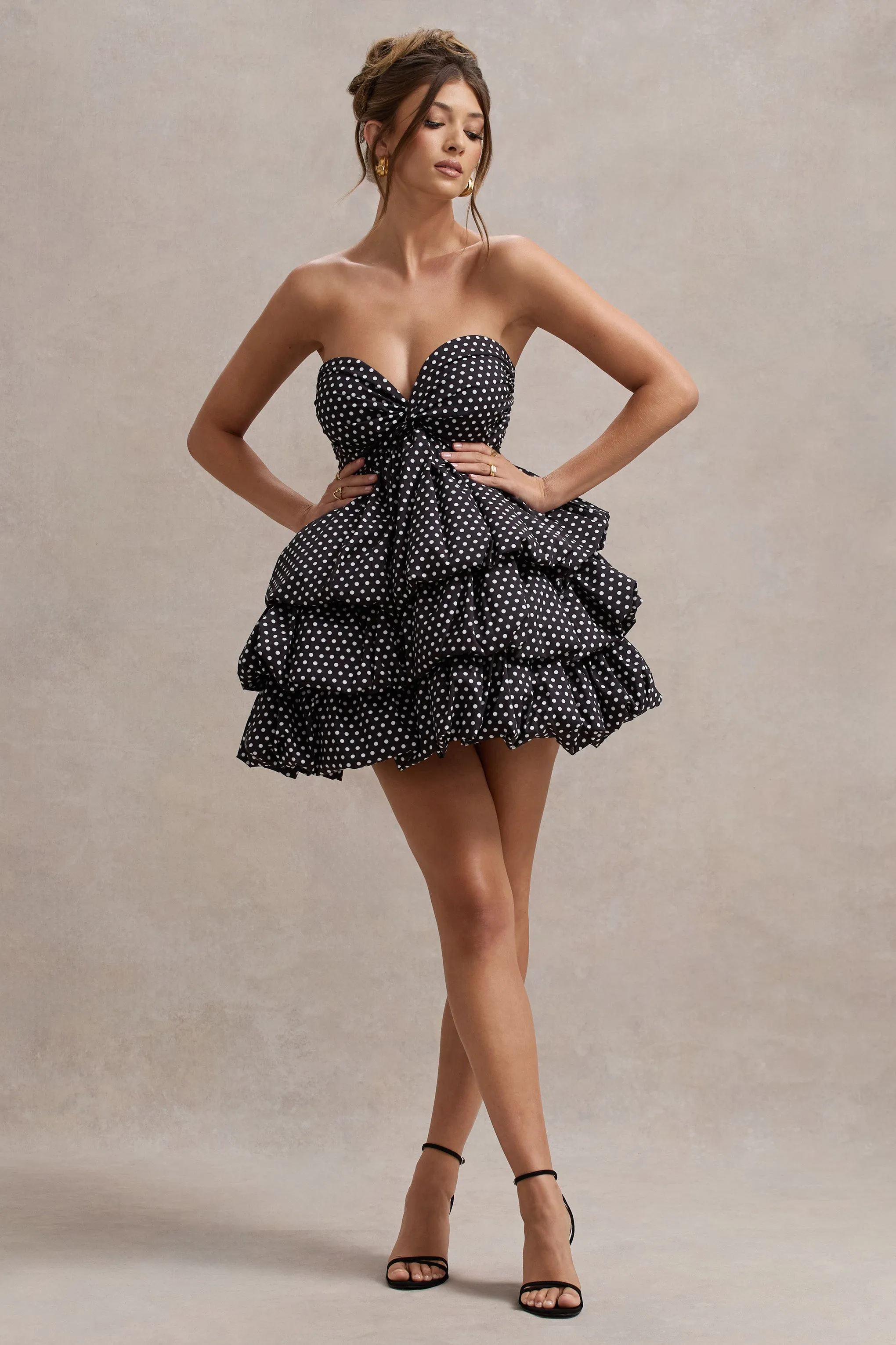 Pepper | Black Polka Dot Strapless Ruffled Mini Dress Club L London