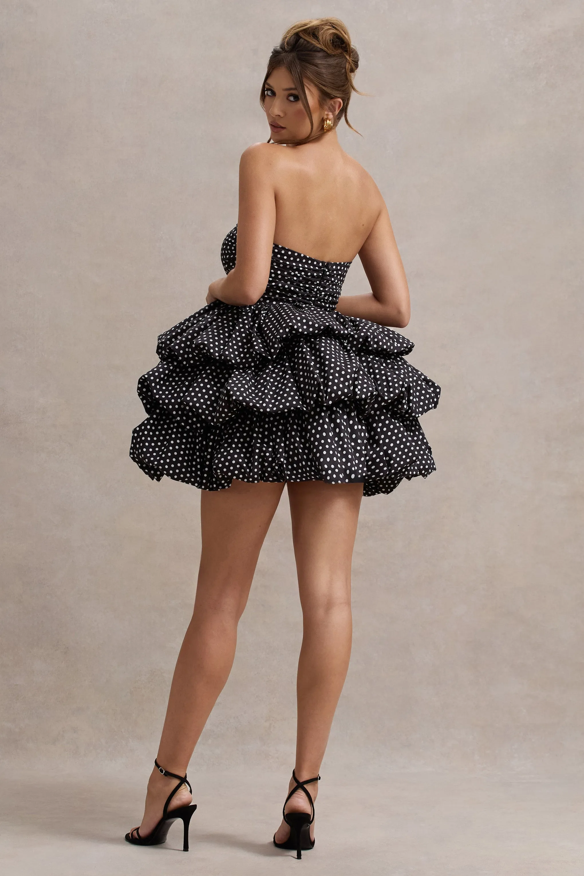 Pepper | Black Polka Dot Strapless Ruffled Mini Dress Club L London