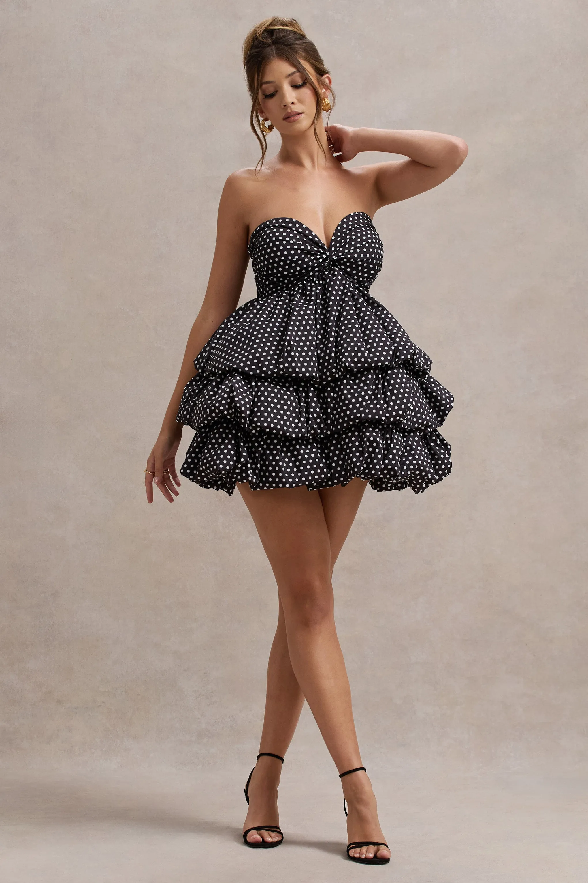 Pepper | Black Polka Dot Strapless Ruffled Mini Dress Club L London
