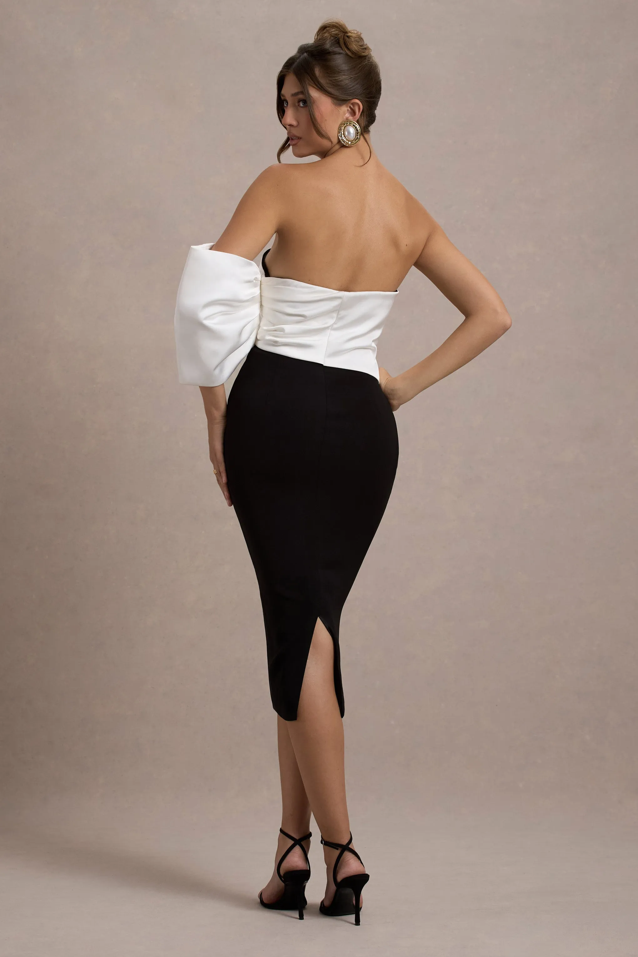 Perception | Black and White Asymmetric One-Sleeve Midi Dress Club L London