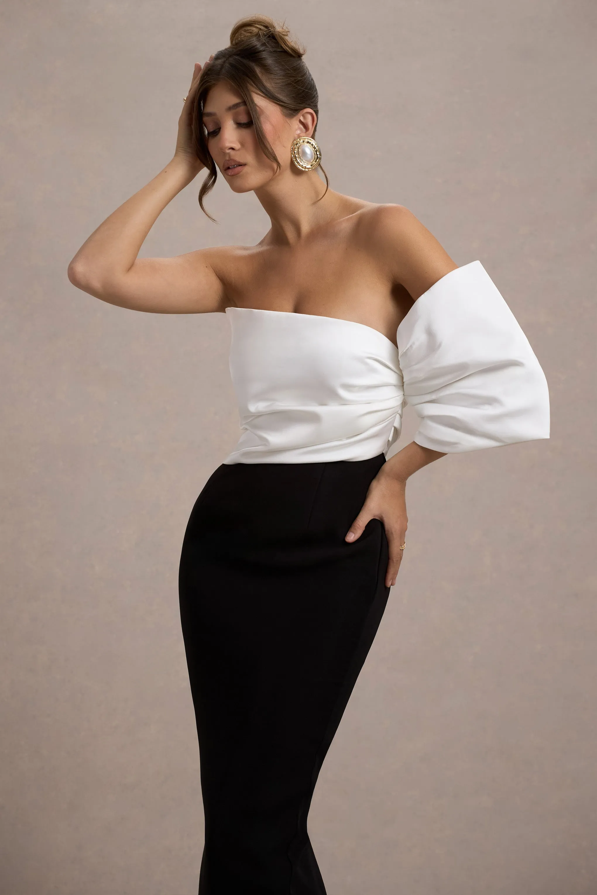 Perception | Black and White Asymmetric One-Sleeve Midi Dress Club L London