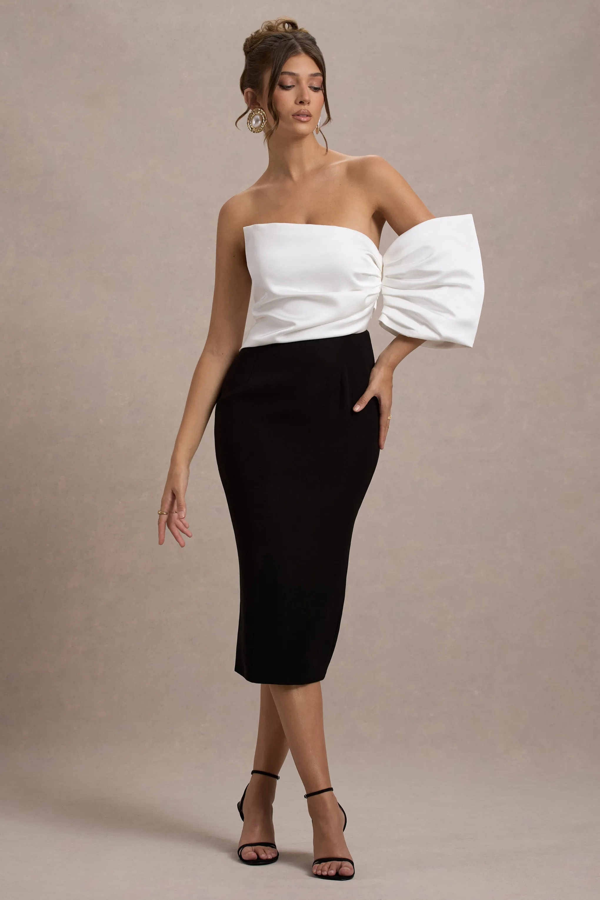 Perception | Black and White Asymmetric One-Sleeve Midi Dress Club L London