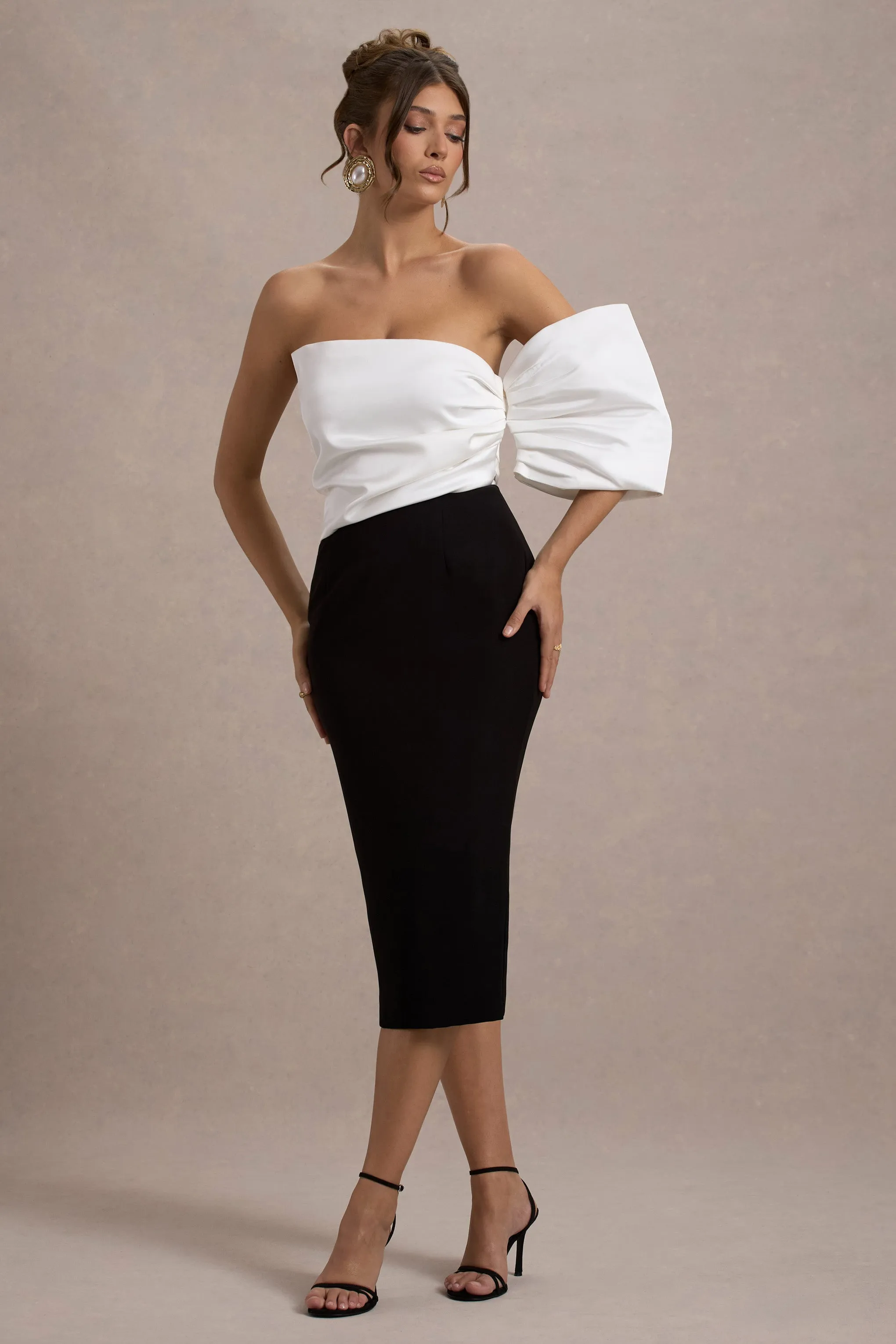 Perception | Black and White Asymmetric One-Sleeve Midi Dress Club L London