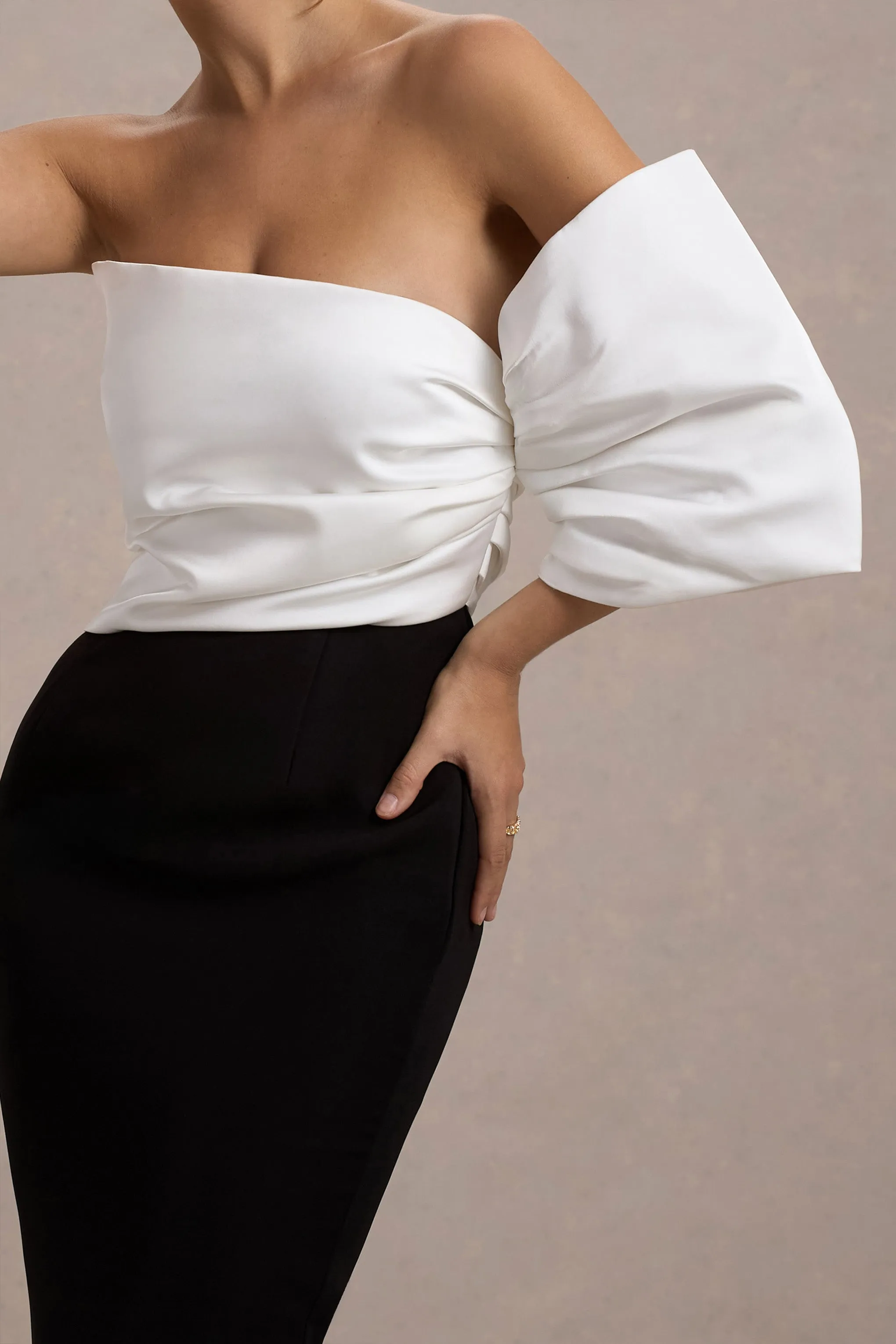 Perception | Black and White Asymmetric One-Sleeve Midi Dress Club L London