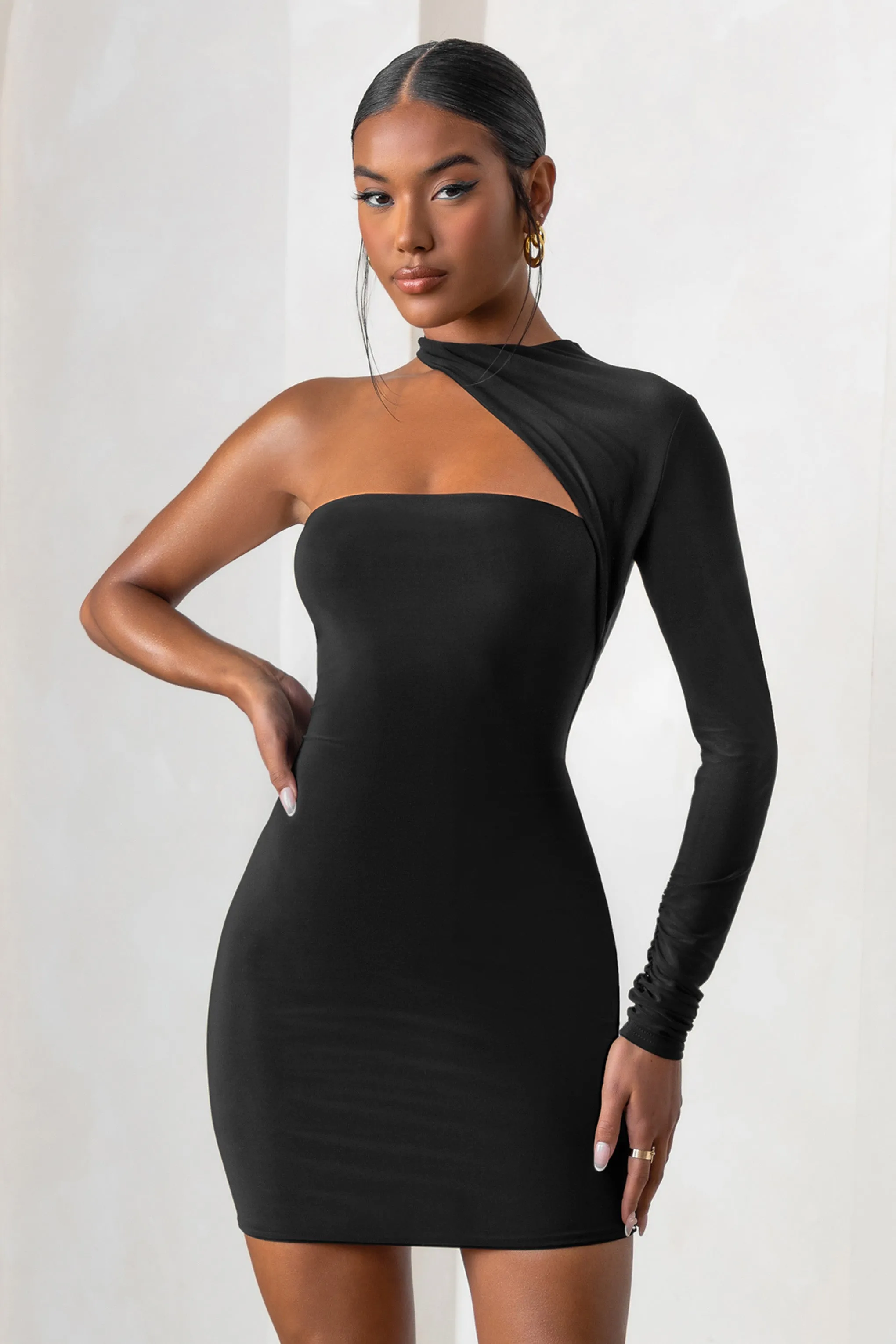 Perfect Touch | Black One Shoulder Long Sleeve Mini Dress Club L London