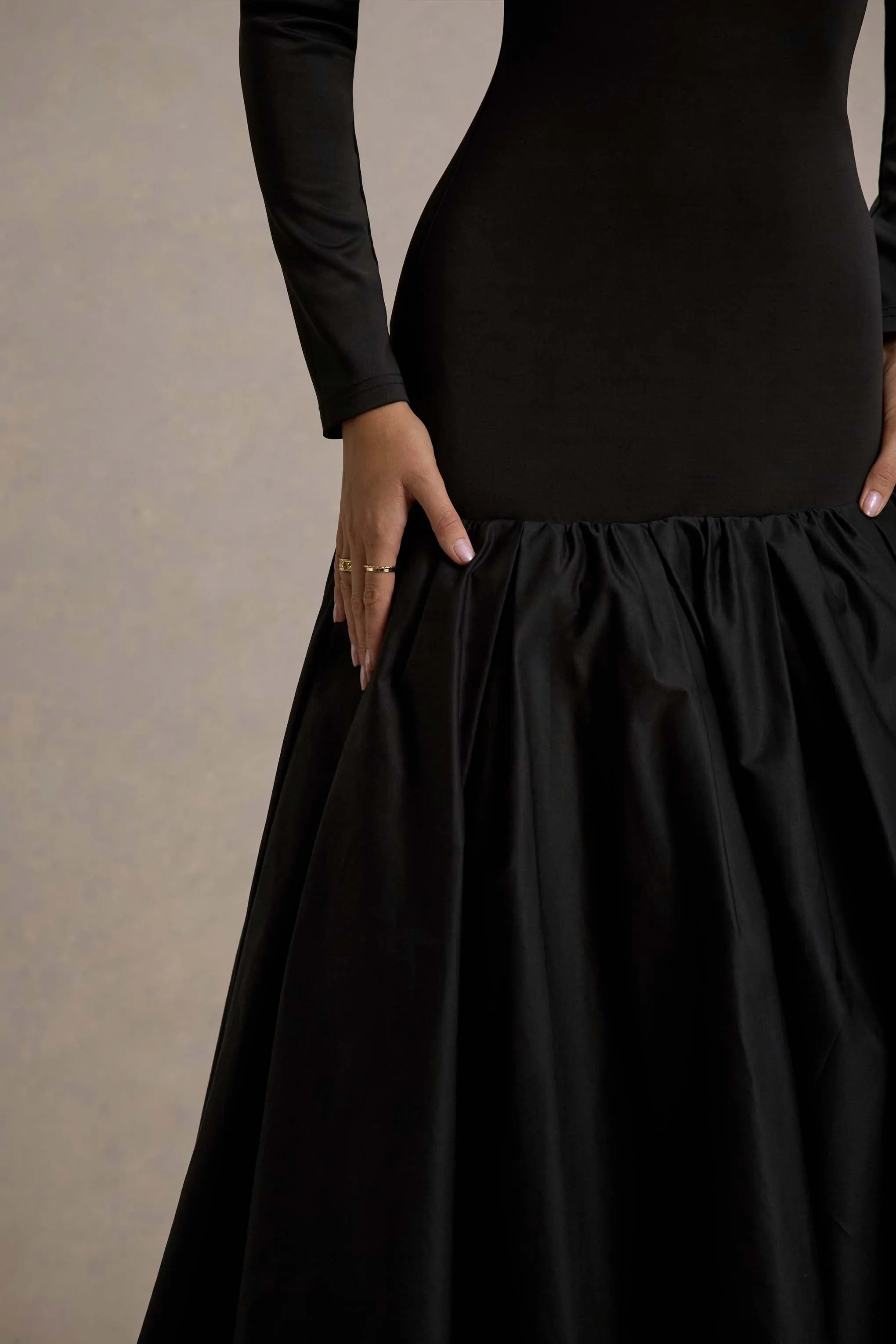 Perpetua | Black Drop-Waist Midi Dress With Volume Skirt Club L London