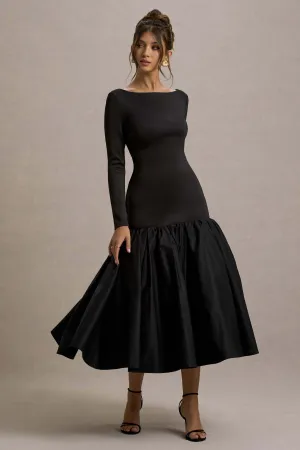 Perpetua | Black Drop-Waist Midi Dress With Volume Skirt Club L London
