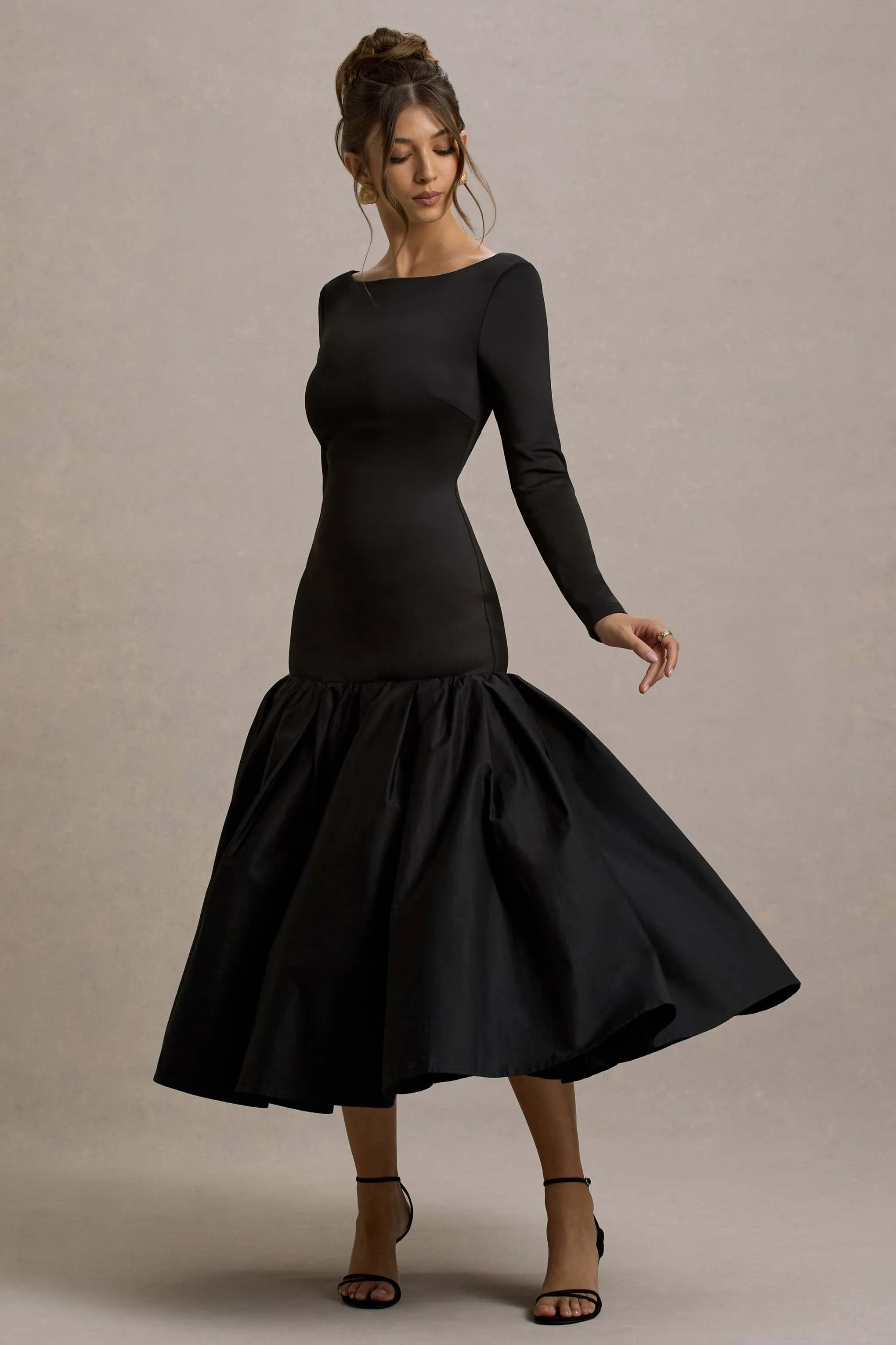 Perpetua | Black Drop-Waist Midi Dress With Volume Skirt Club L London