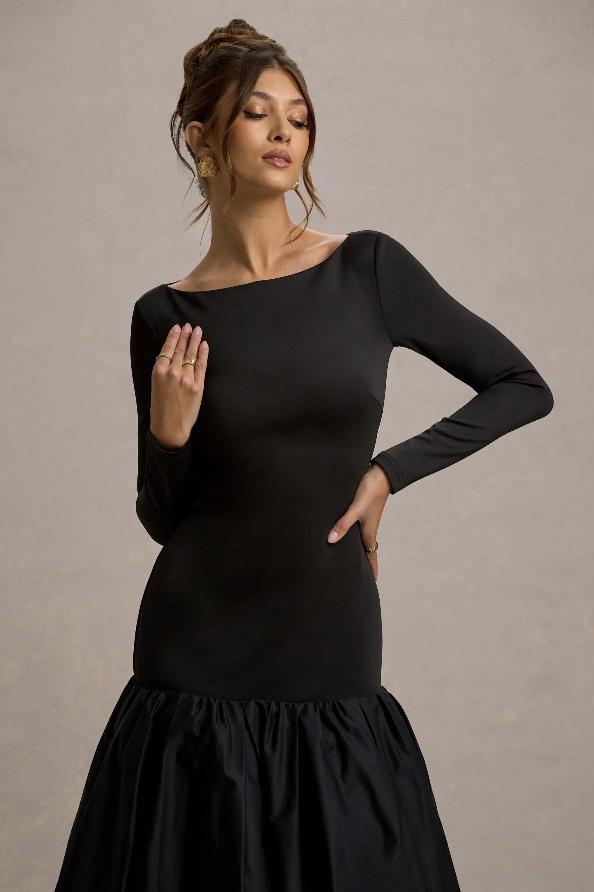 Perpetua | Black Drop-Waist Midi Dress With Volume Skirt Club L London