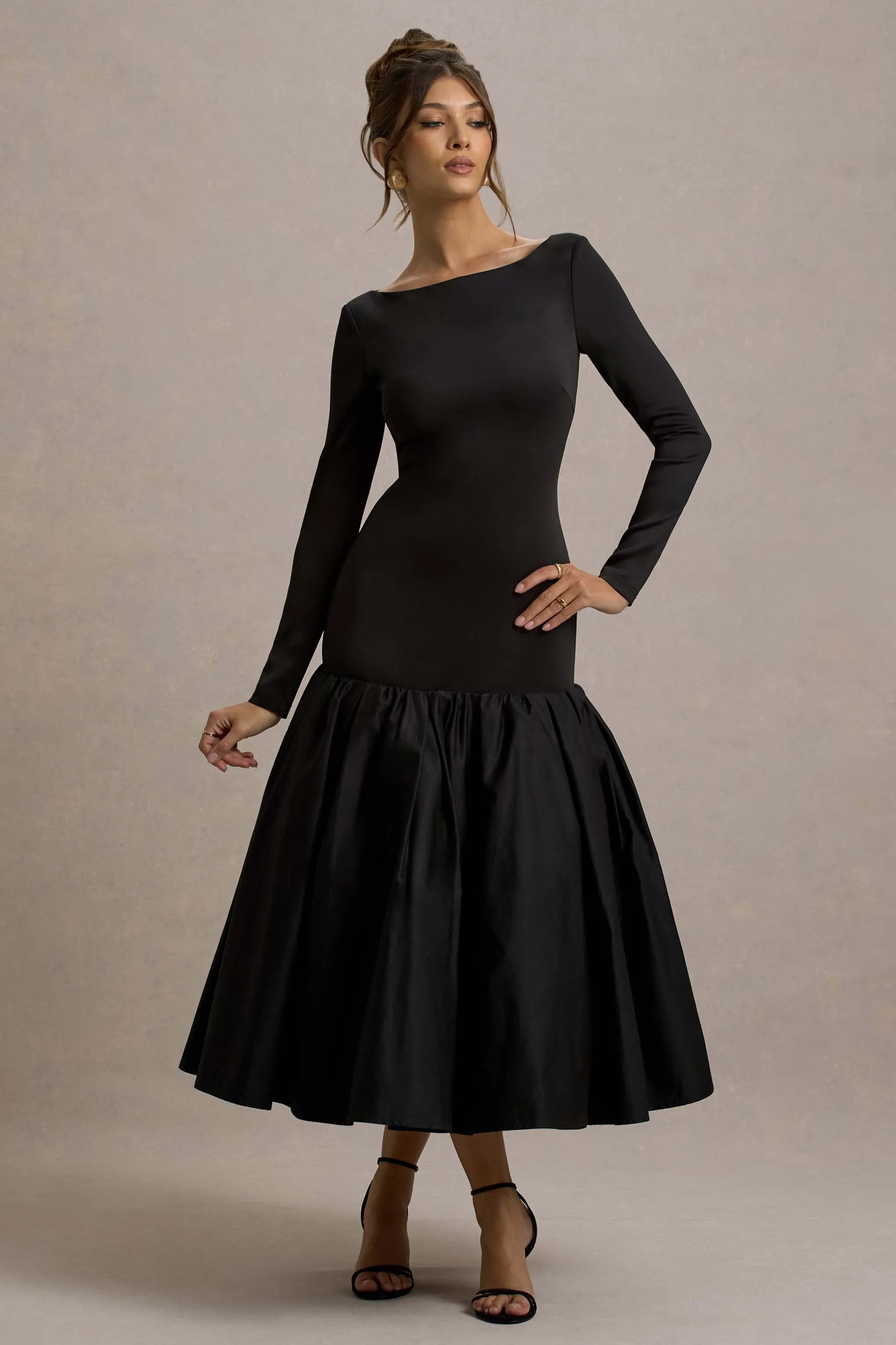 Perpetua | Black Drop-Waist Midi Dress With Volume Skirt Club L London