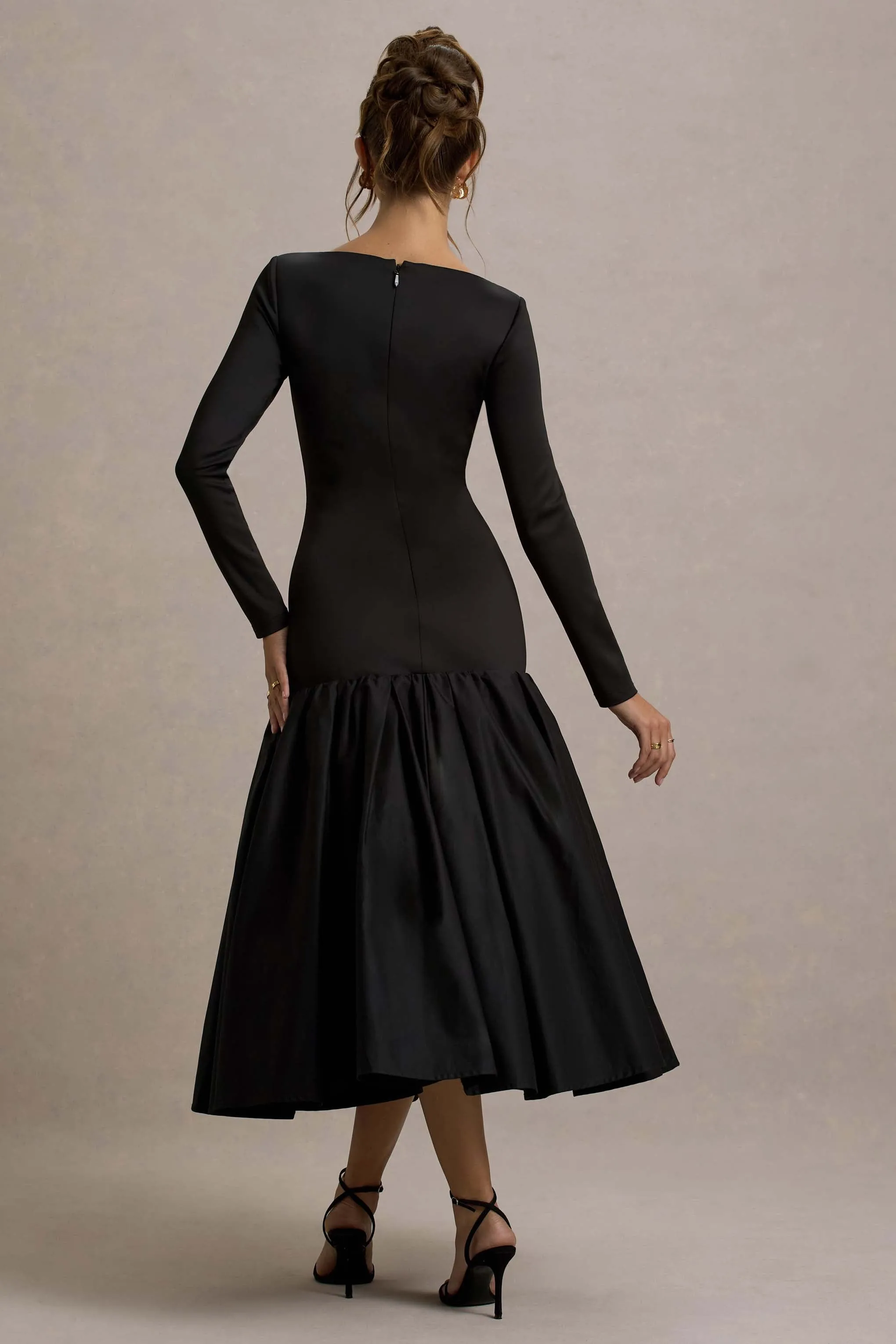 Perpetua | Black Drop-Waist Midi Dress With Volume Skirt Club L London