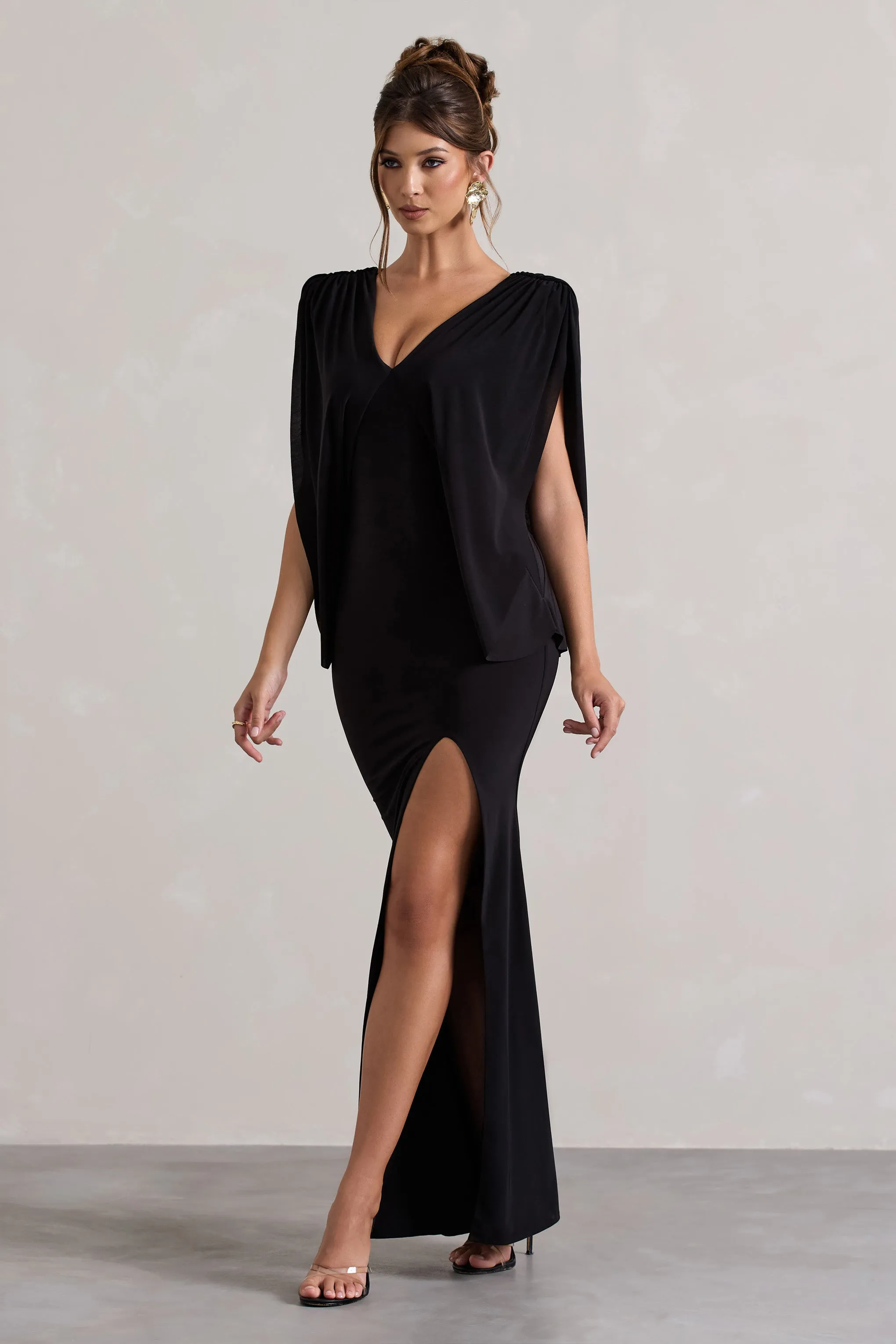 Perry | Black V-Neck Cape Sleeve Split Maxi Dress Club L London