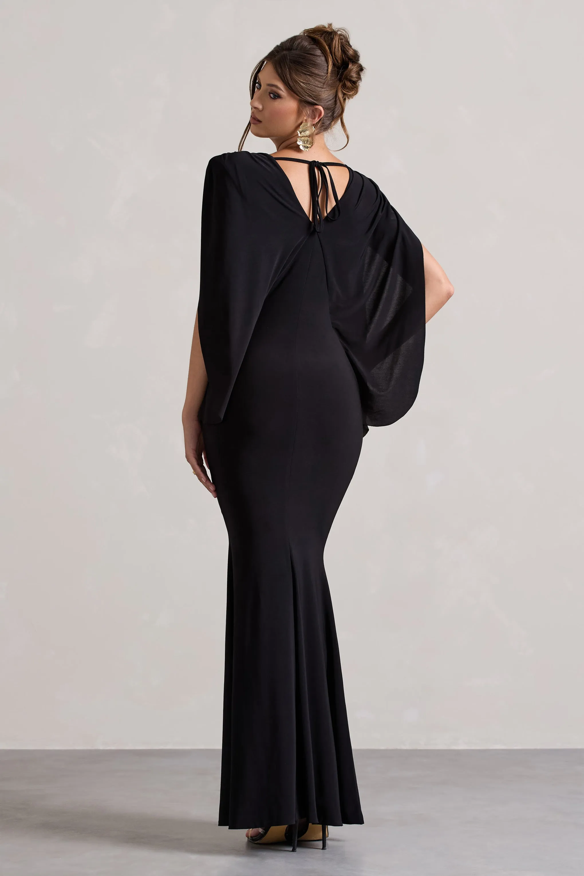 Perry | Black V-Neck Cape Sleeve Split Maxi Dress Club L London