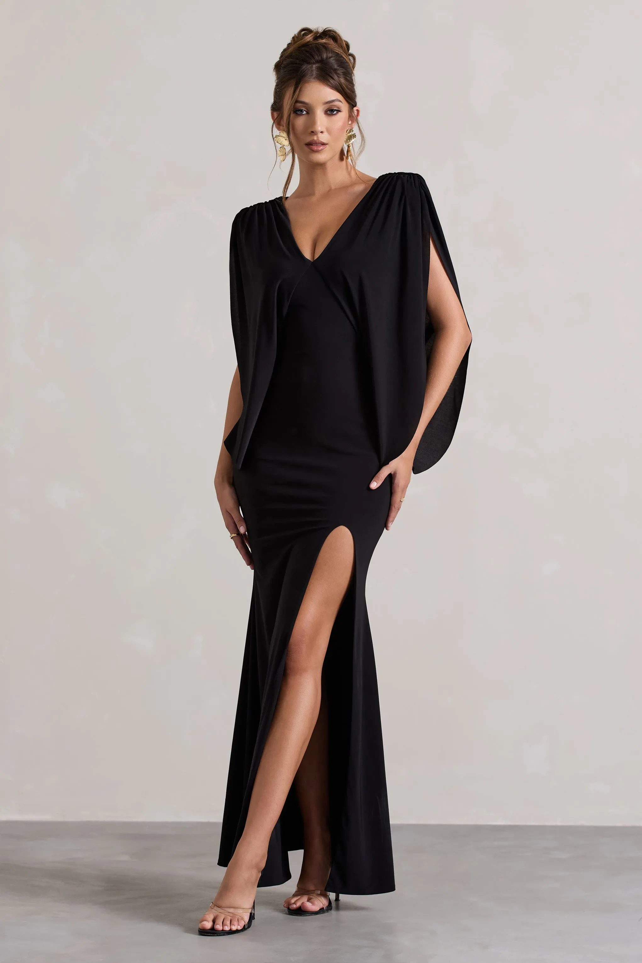 Perry | Black V-Neck Cape Sleeve Split Maxi Dress Club L London