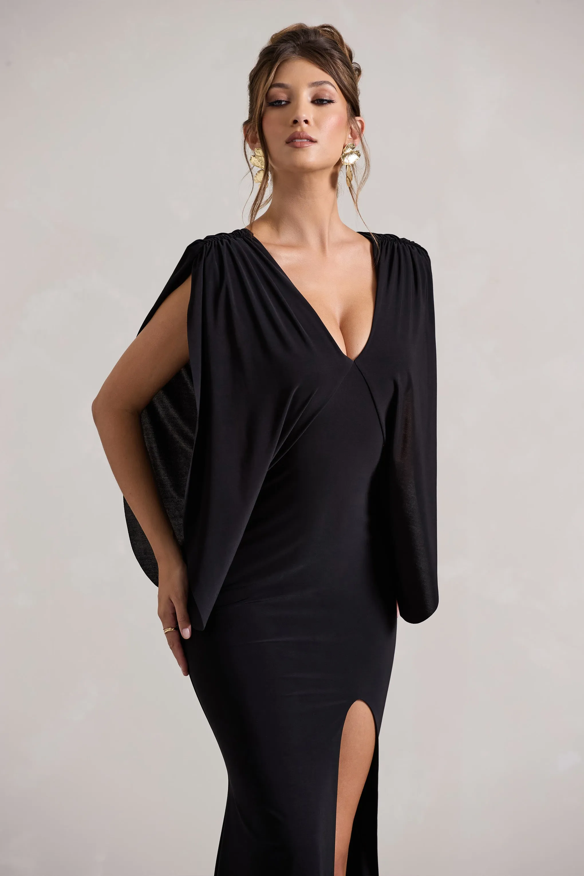 Perry | Black V-Neck Cape Sleeve Split Maxi Dress Club L London