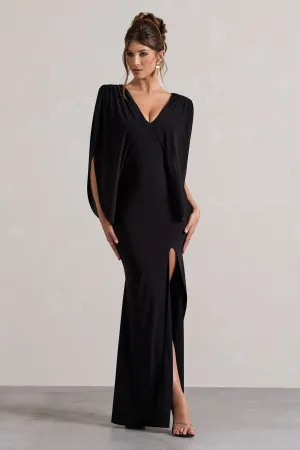 Perry | Black V-Neck Cape Sleeve Split Maxi Dress Club L London