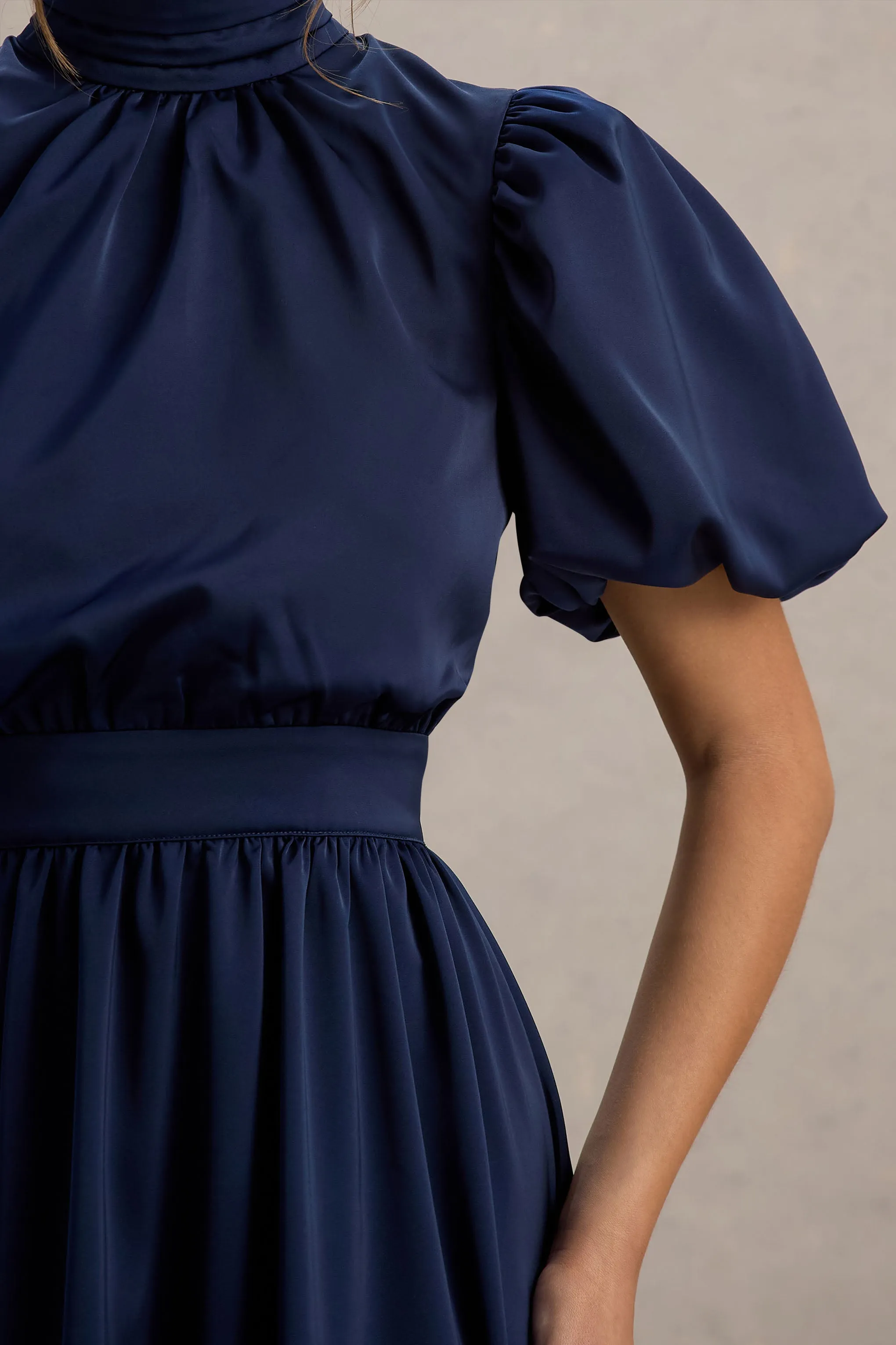 Persea | Navy Satin Puff-Sleeve Midi Dress With Bow Club L London