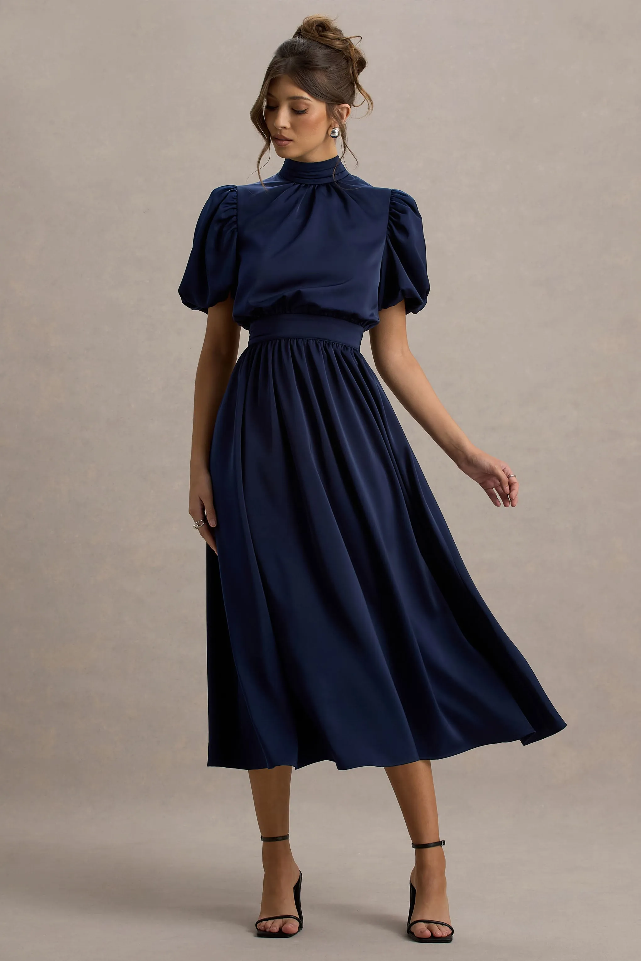 Persea | Navy Satin Puff-Sleeve Midi Dress With Bow Club L London