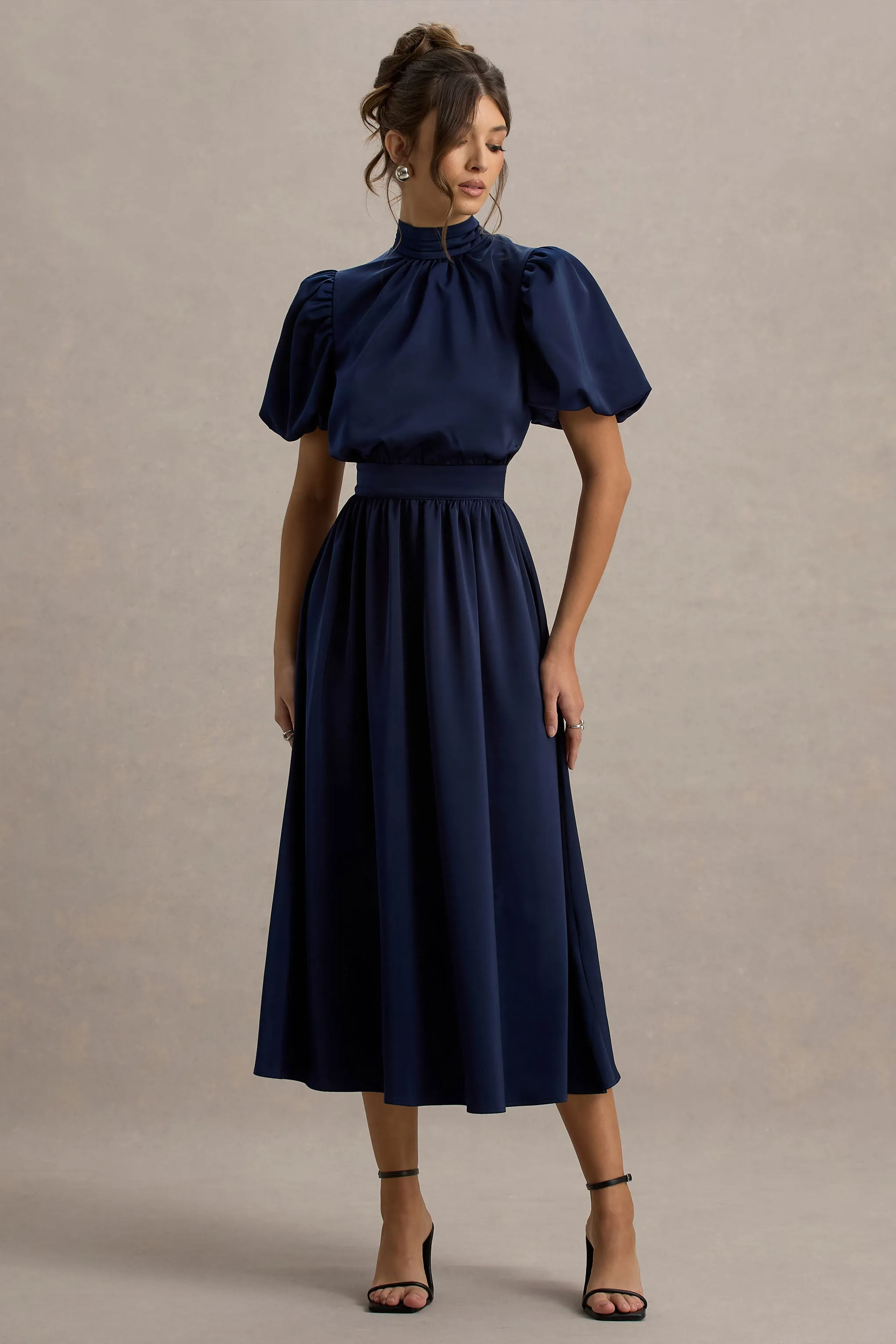 Persea | Navy Satin Puff-Sleeve Midi Dress With Bow Club L London