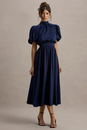 Persea | Navy Satin Puff-Sleeve Midi Dress With Bow Club L London