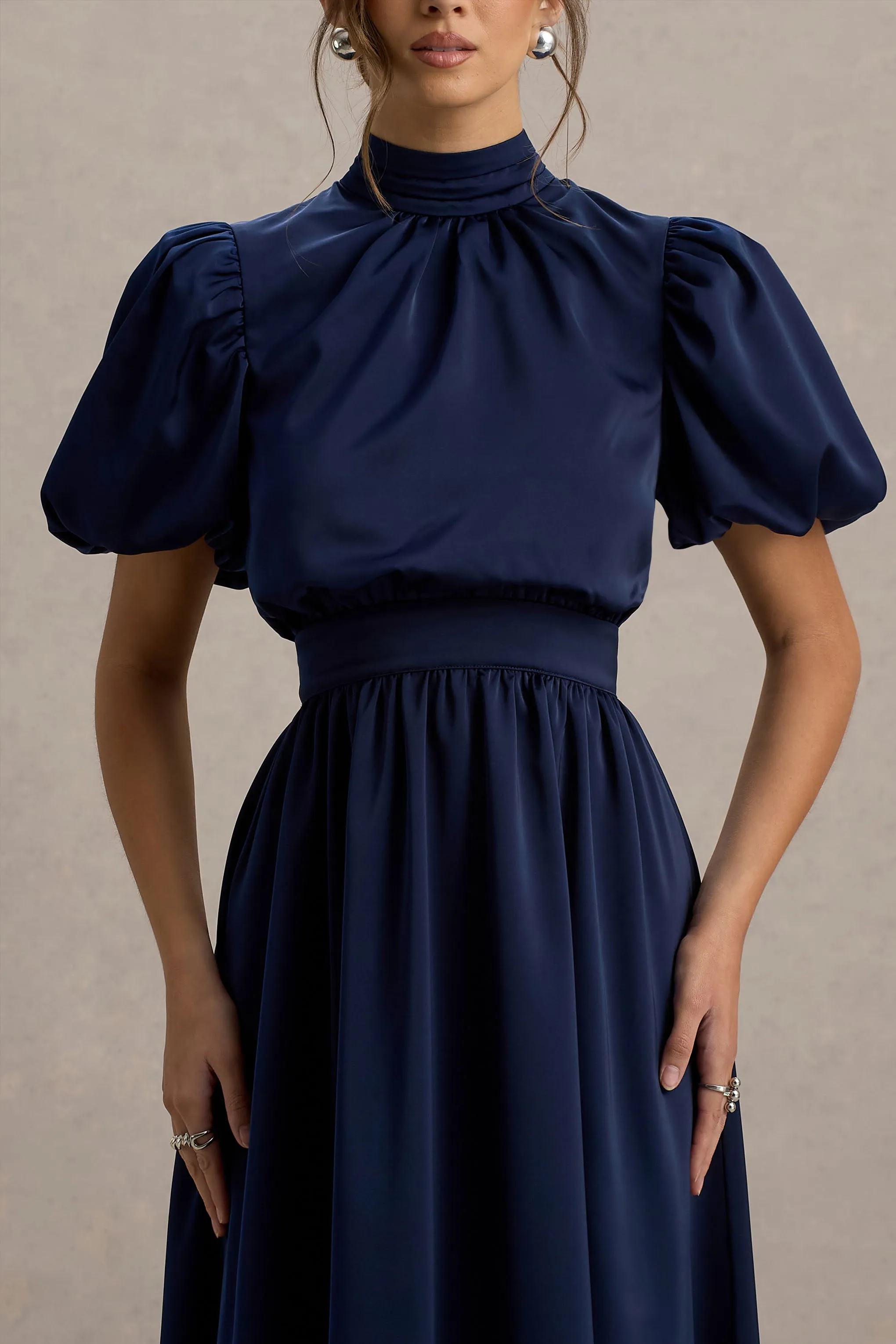 Persea | Navy Satin Puff-Sleeve Midi Dress With Bow Club L London