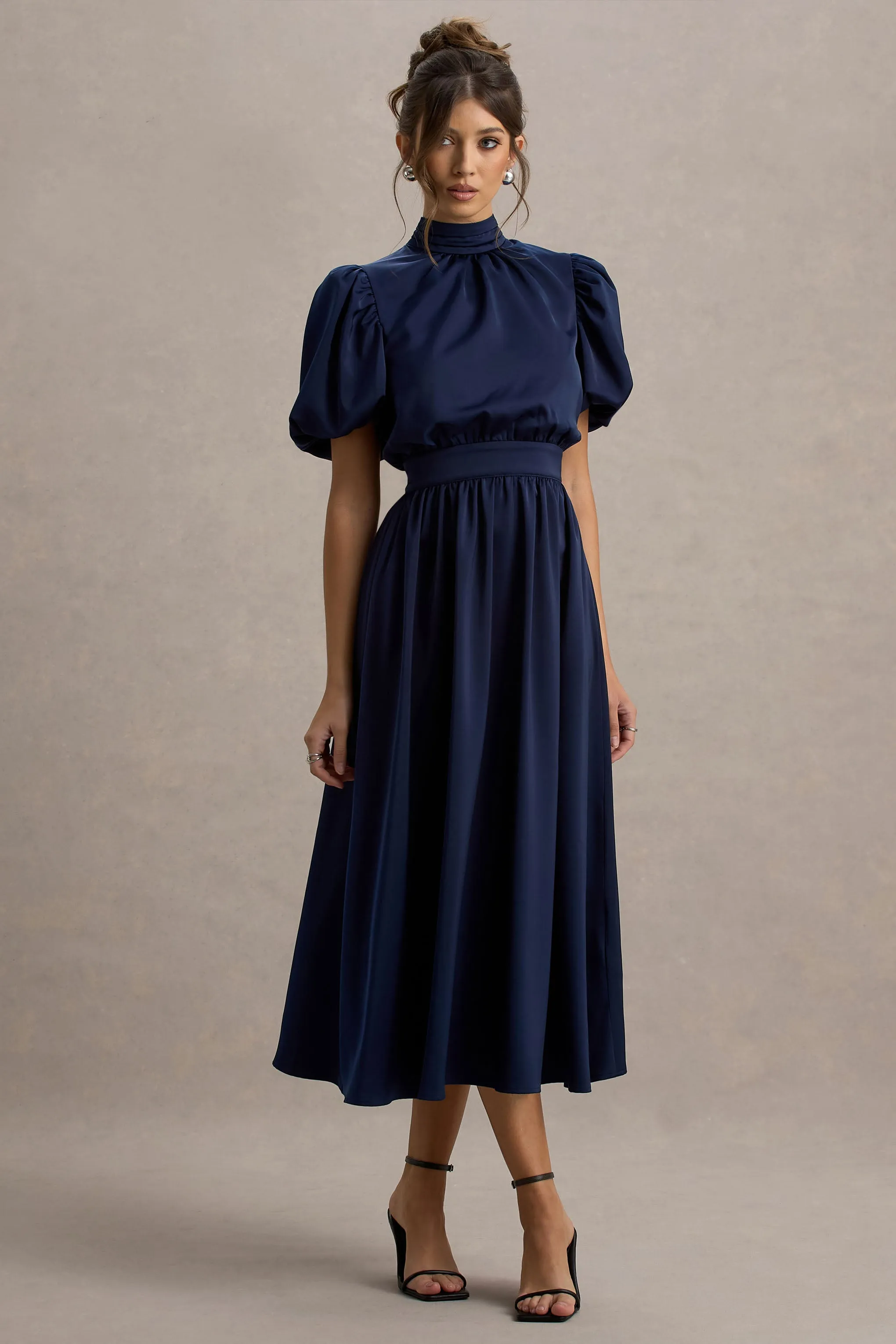 Persea | Navy Satin Puff-Sleeve Midi Dress With Bow Club L London