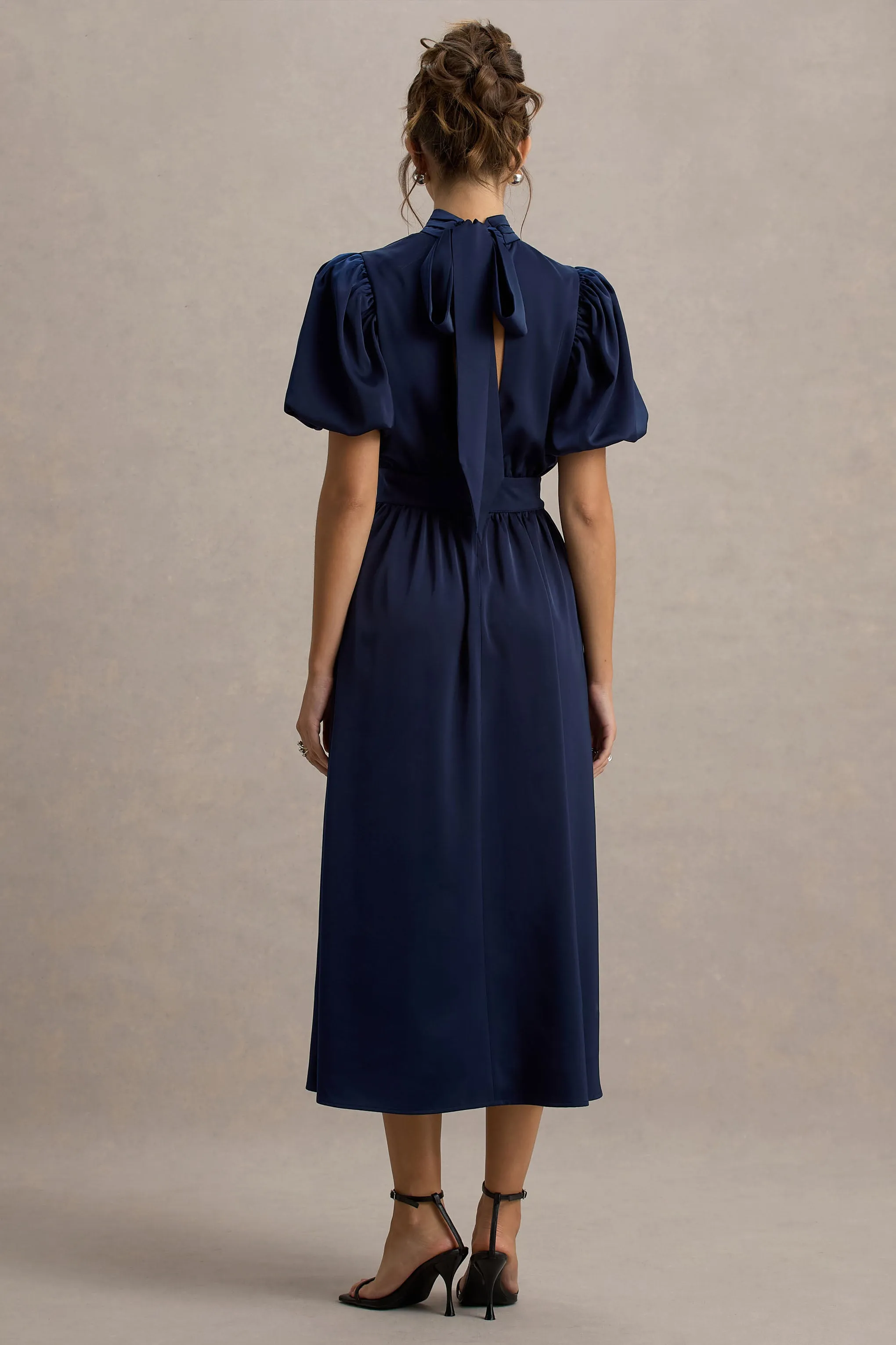 Persea | Navy Satin Puff-Sleeve Midi Dress With Bow Club L London