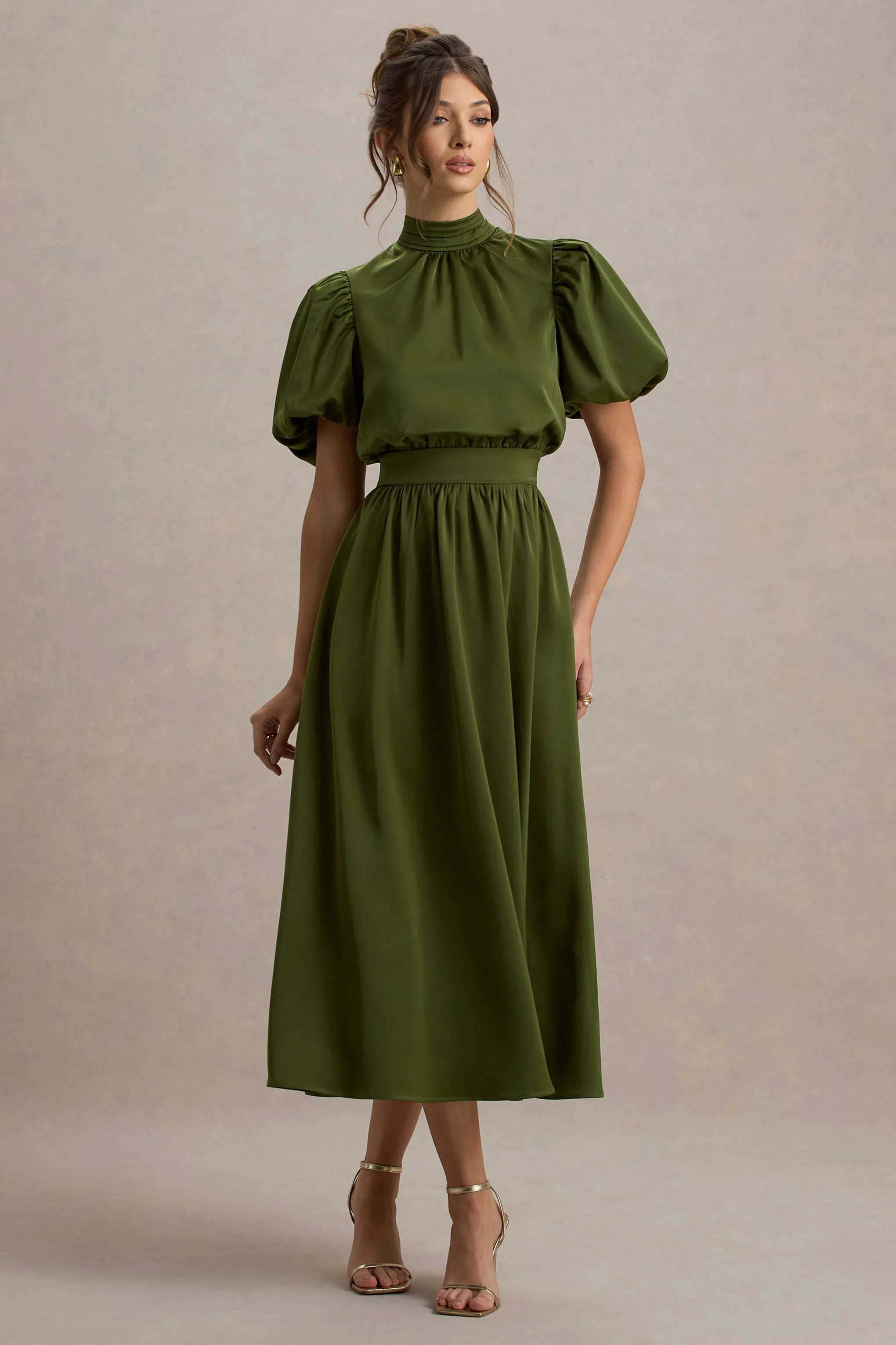 Persea | Olive Satin Puff-Sleeve Midi Dress With Bow Club L London
