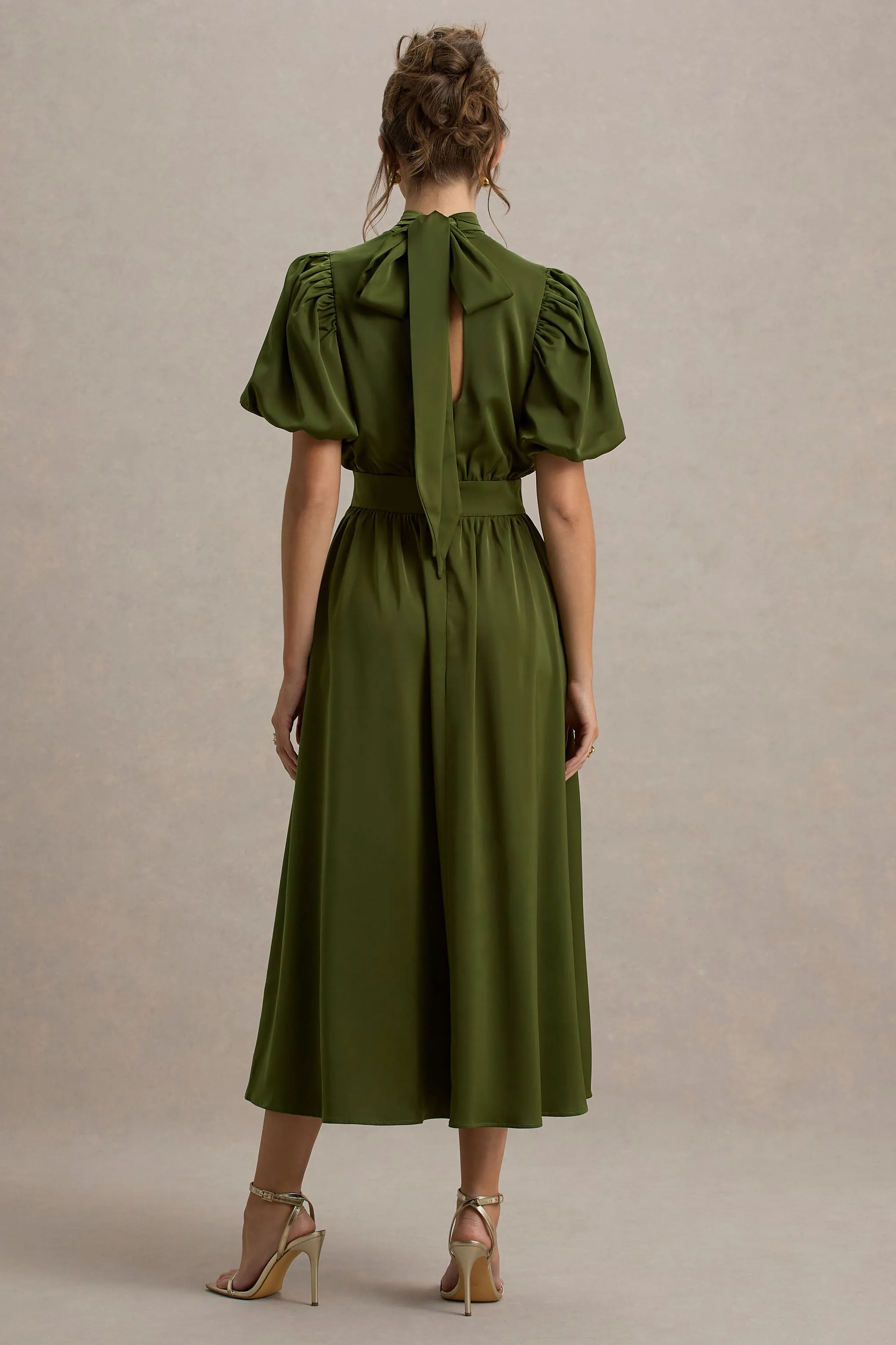 Persea | Olive Satin Puff-Sleeve Midi Dress With Bow Club L London