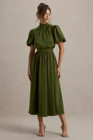 Persea | Olive Satin Puff-Sleeve Midi Dress With Bow Club L London