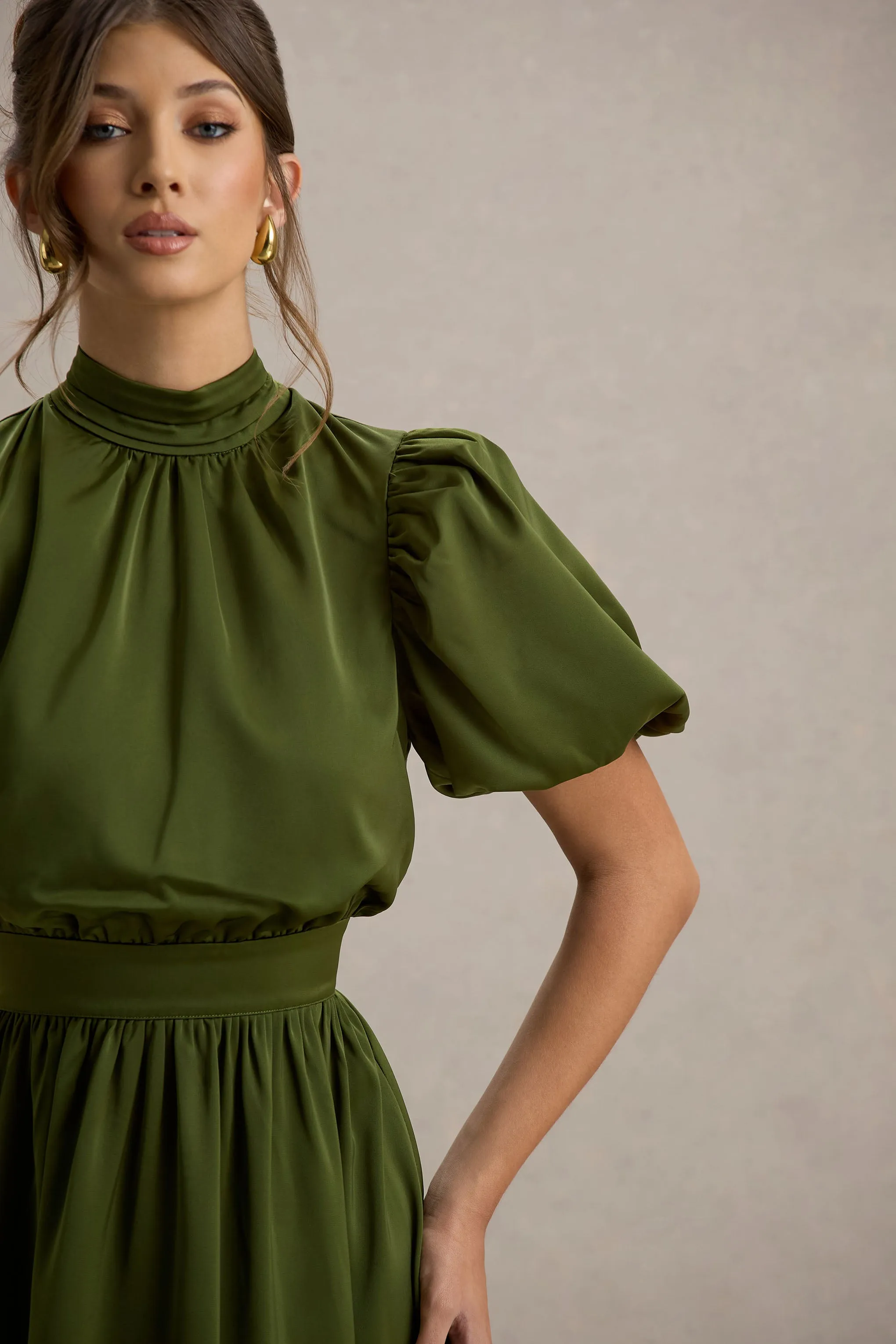 Persea | Olive Satin Puff-Sleeve Midi Dress With Bow Club L London