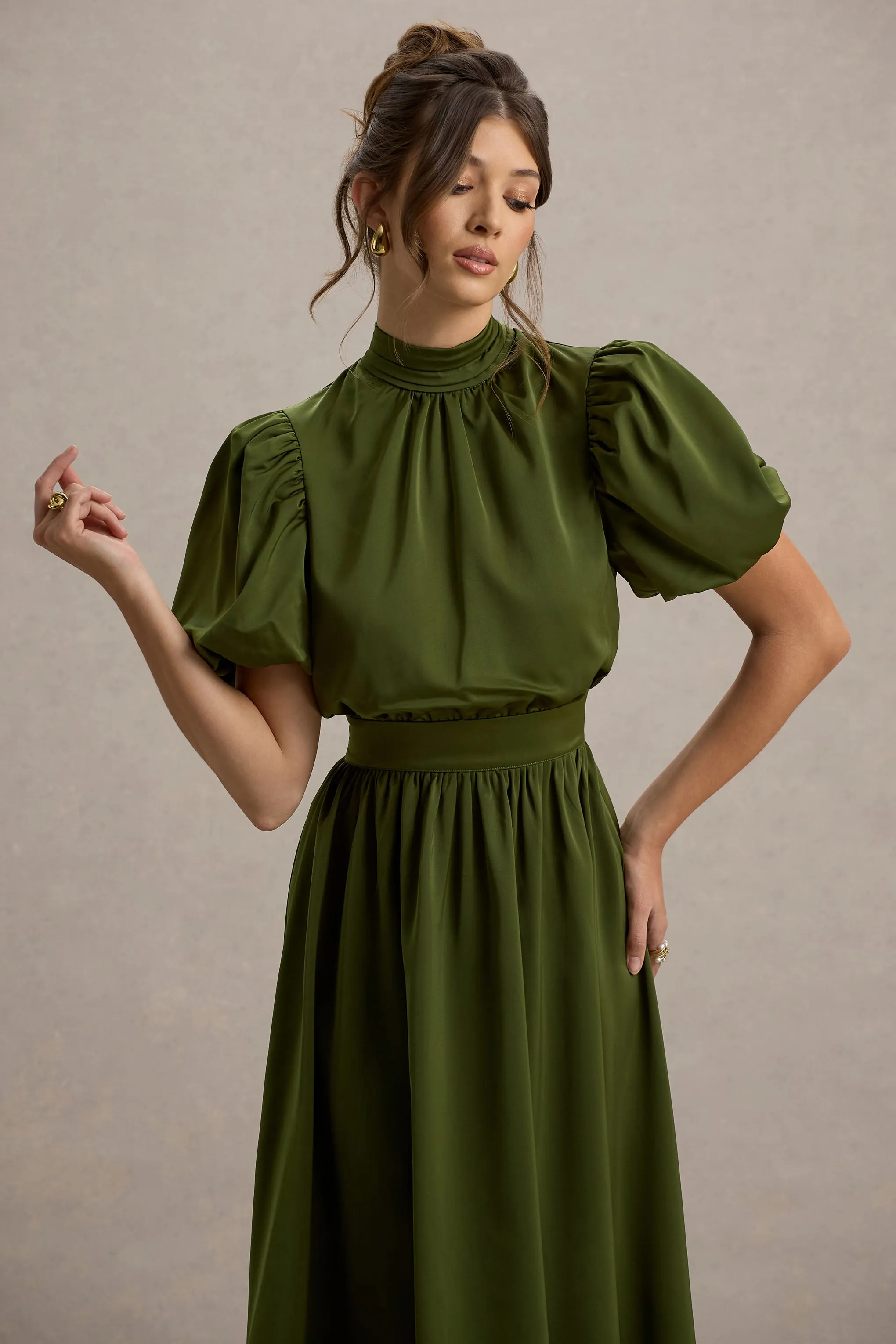 Persea | Olive Satin Puff-Sleeve Midi Dress With Bow Club L London