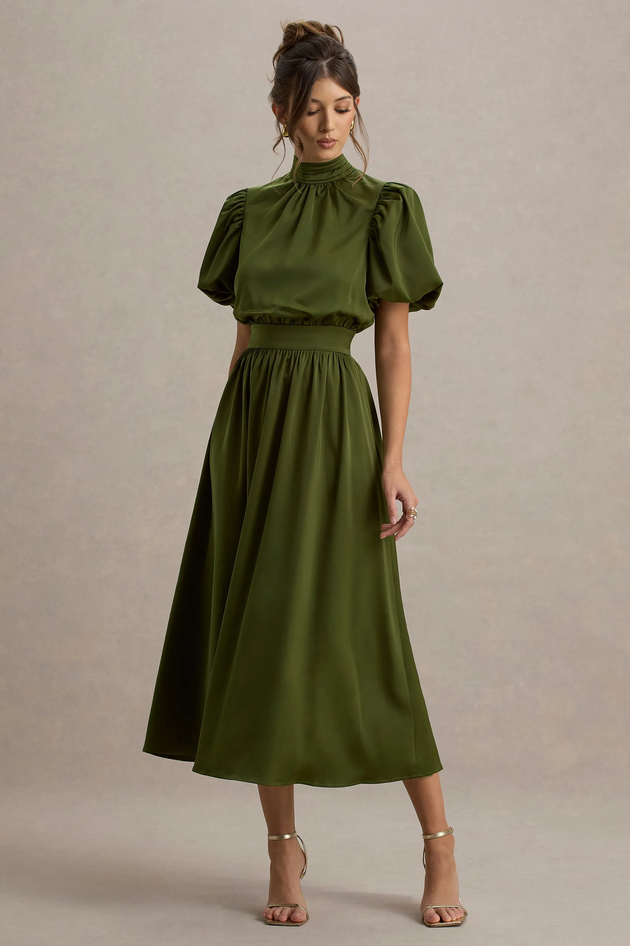 Persea | Olive Satin Puff-Sleeve Midi Dress With Bow Club L London