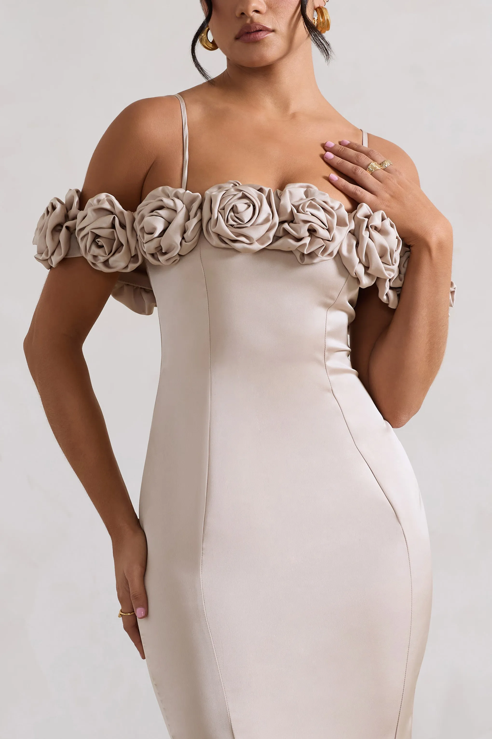 Petunia | Champagne Satin Floral Bardot Midi Dress Club L London