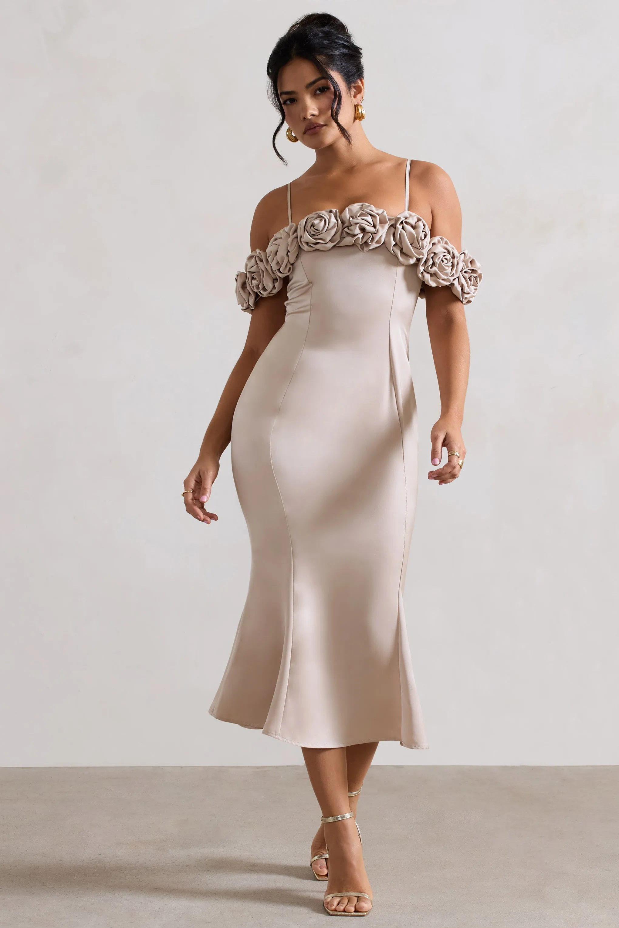 Petunia | Champagne Satin Floral Bardot Midi Dress Club L London
