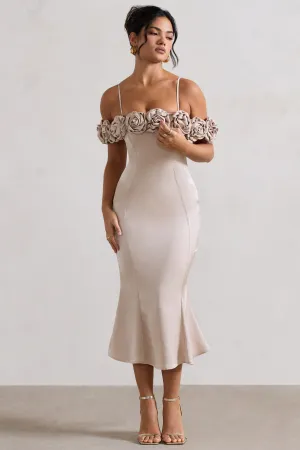Petunia | Champagne Satin Floral Bardot Midi Dress Club L London
