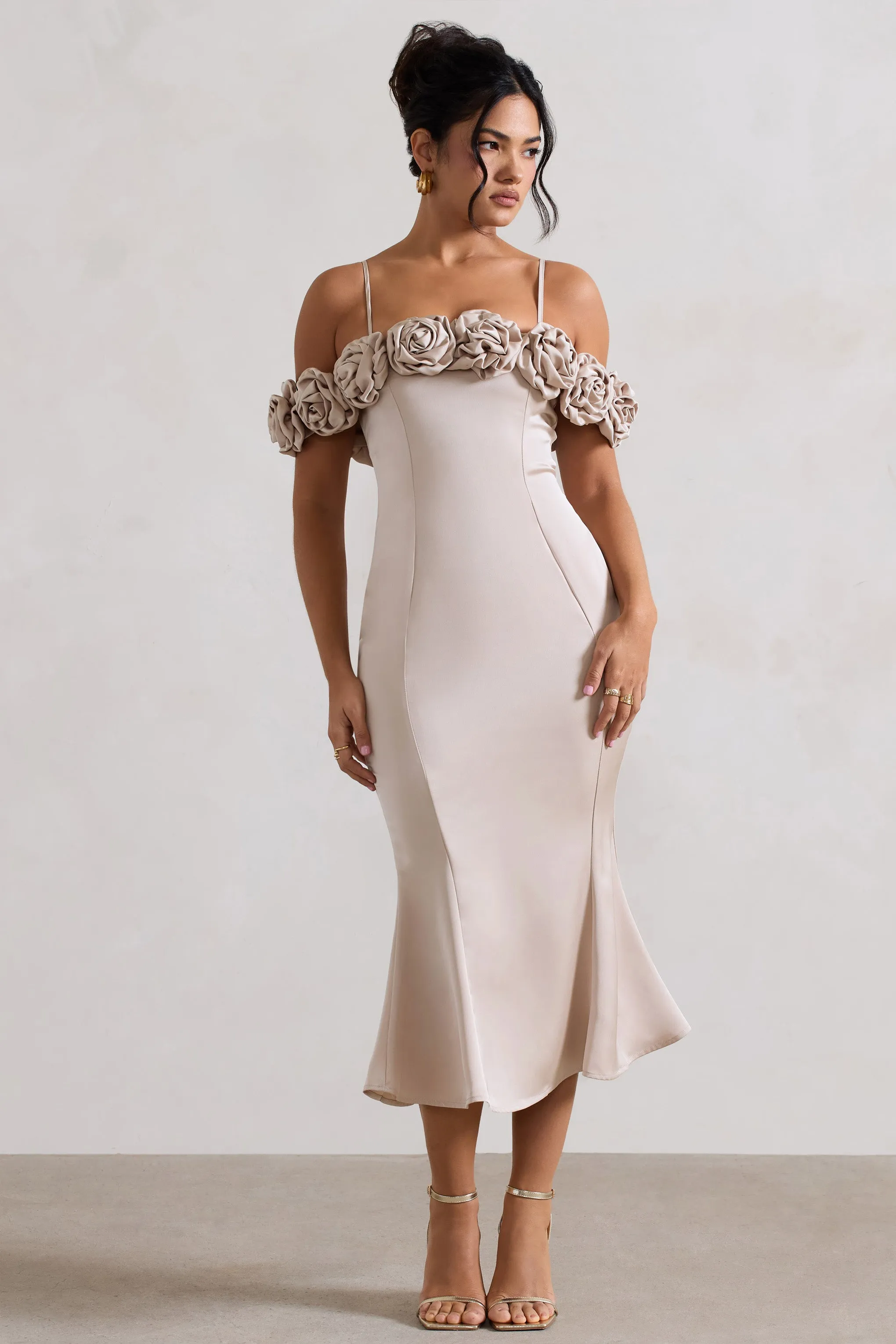 Petunia | Champagne Satin Floral Bardot Midi Dress Club L London