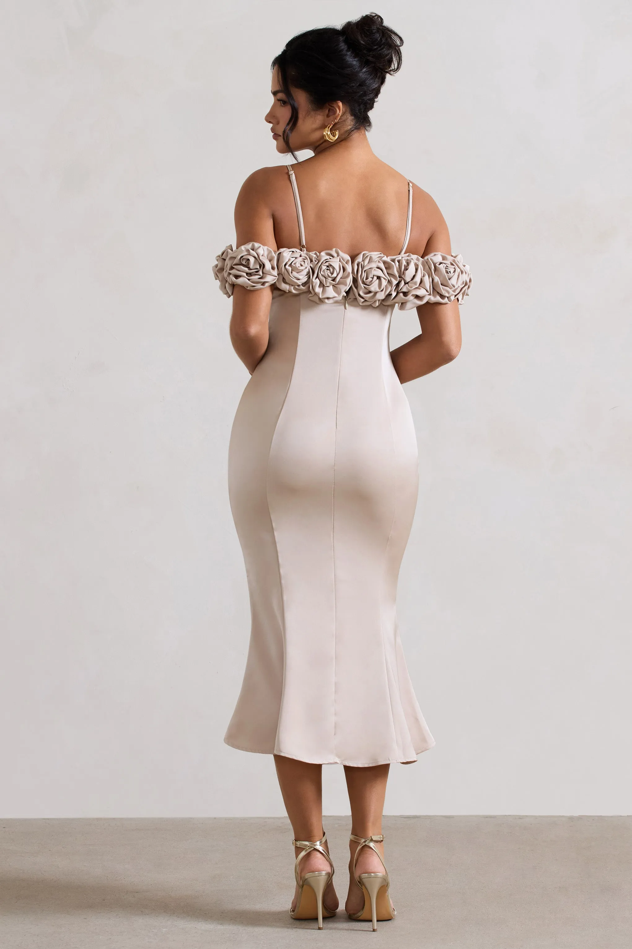 Petunia | Champagne Satin Floral Bardot Midi Dress Club L London