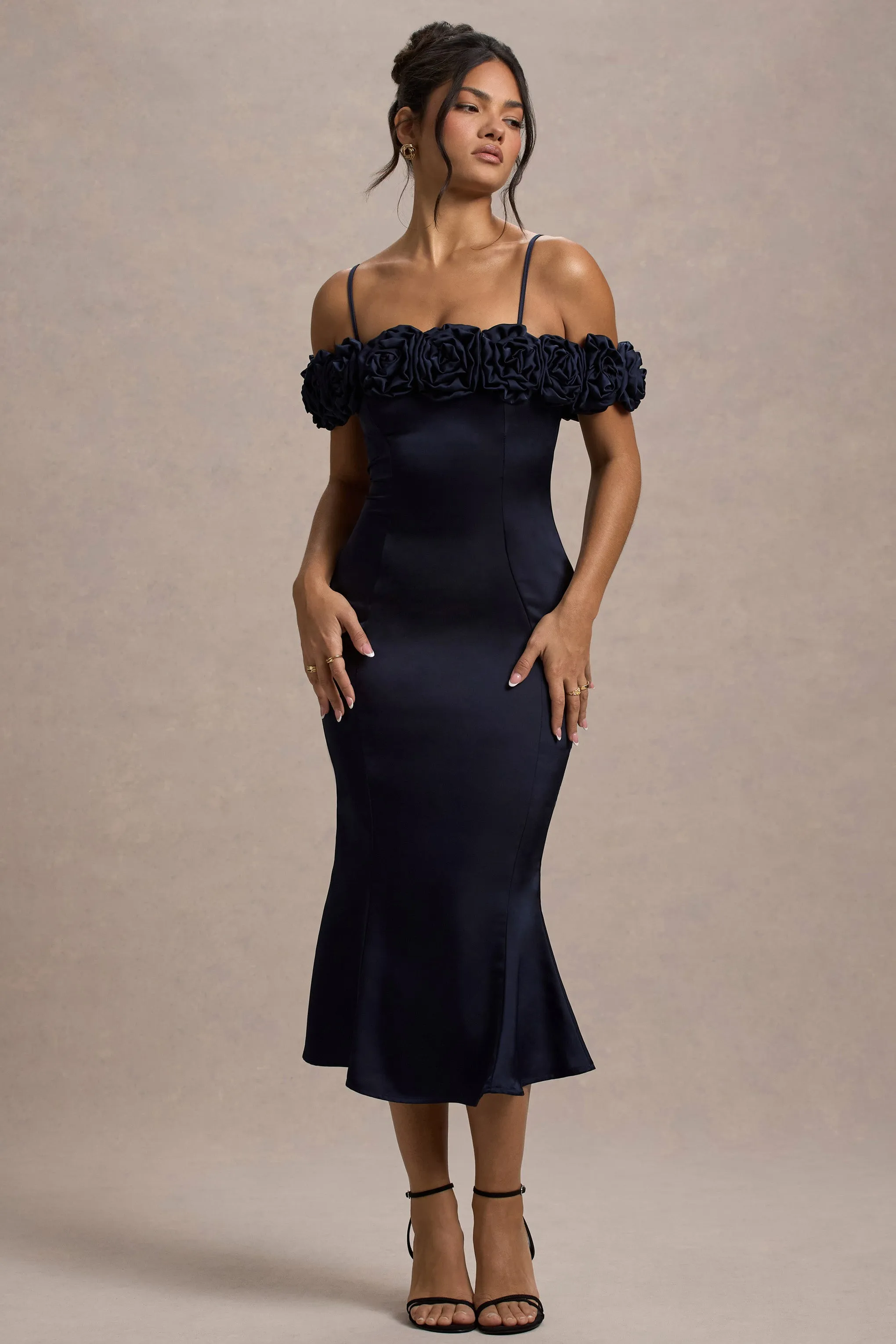 Petunia | Navy Satin Floral Bardot Midi Dress Club L London