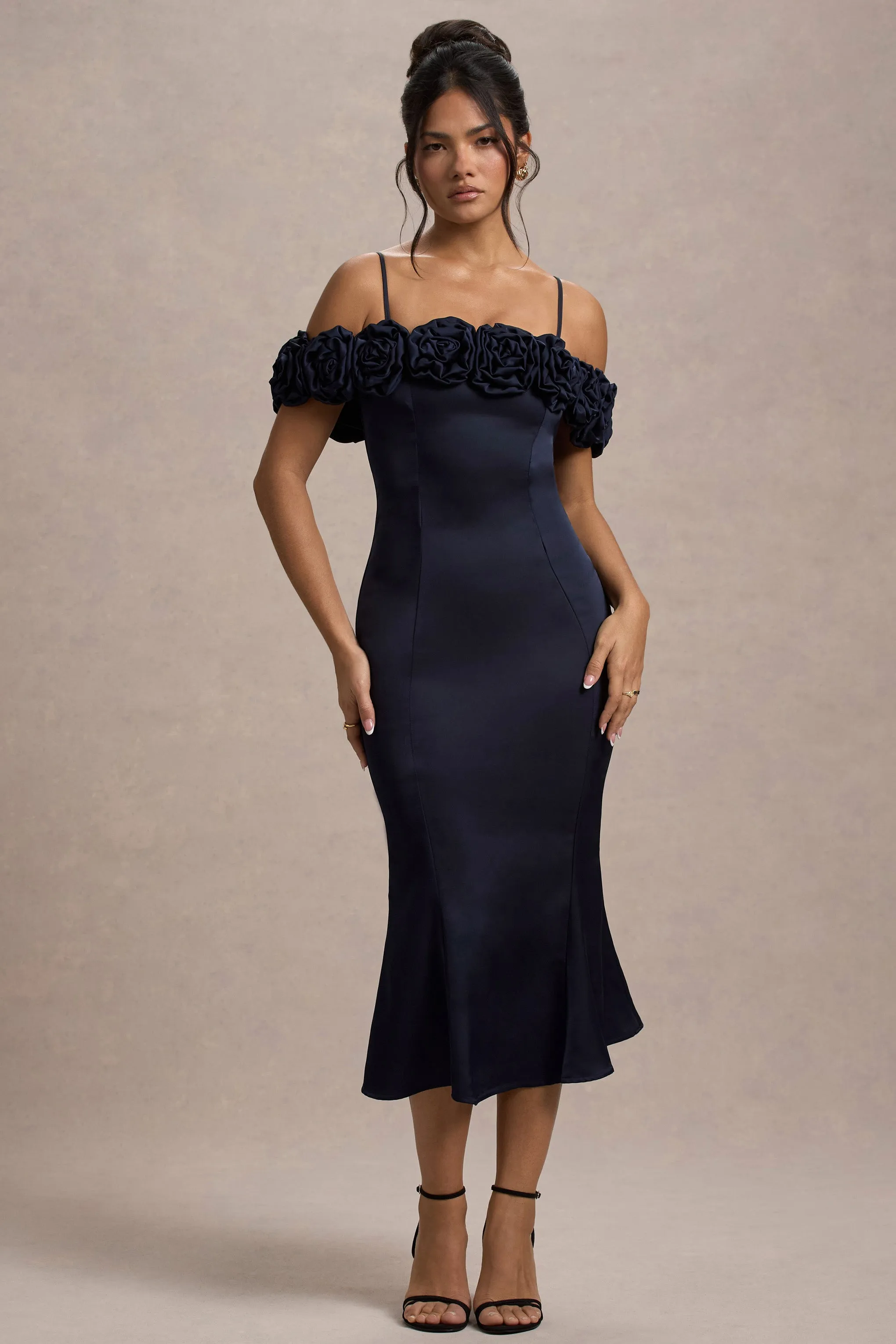 Petunia | Navy Satin Floral Bardot Midi Dress Club L London