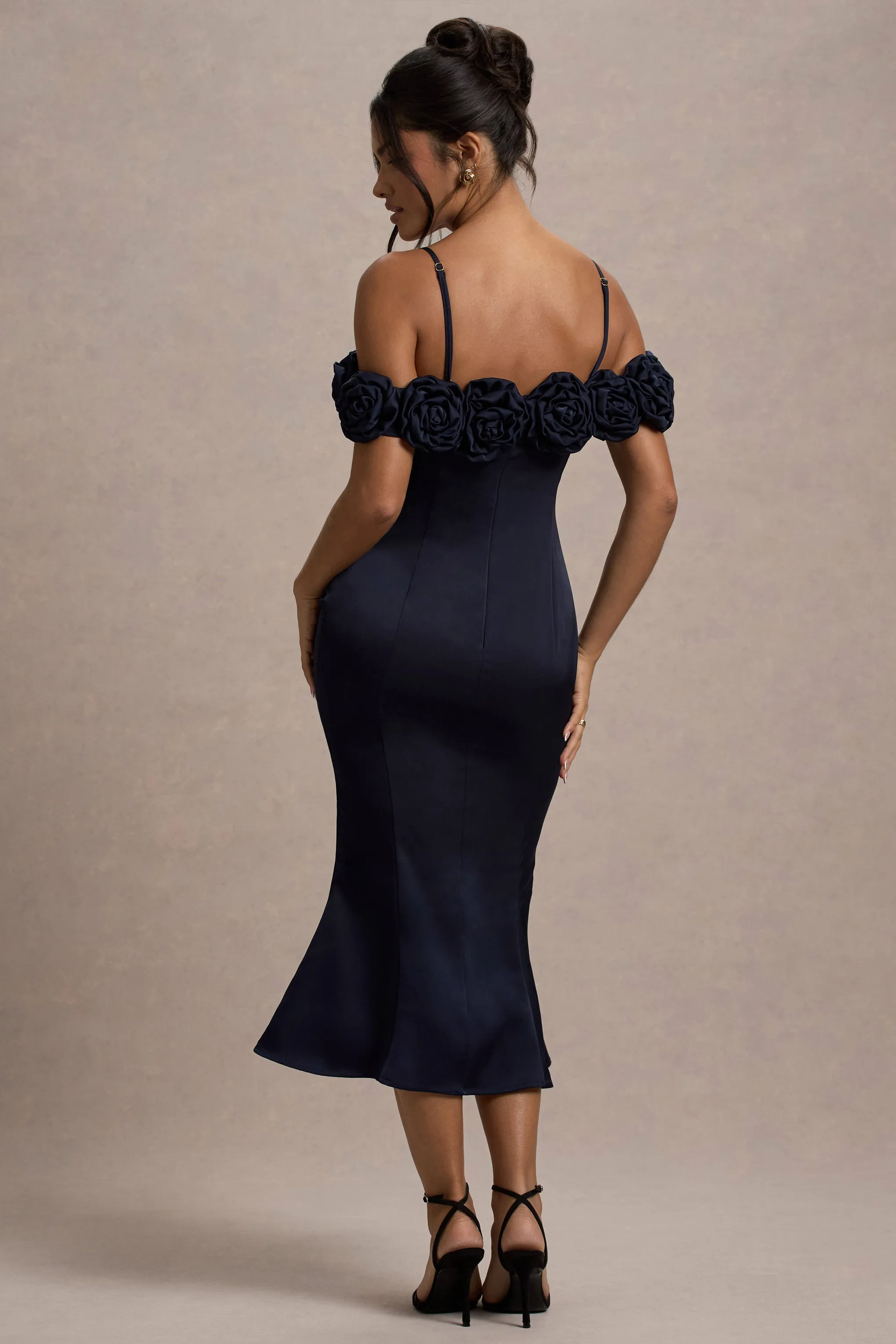 Petunia | Navy Satin Floral Bardot Midi Dress Club L London