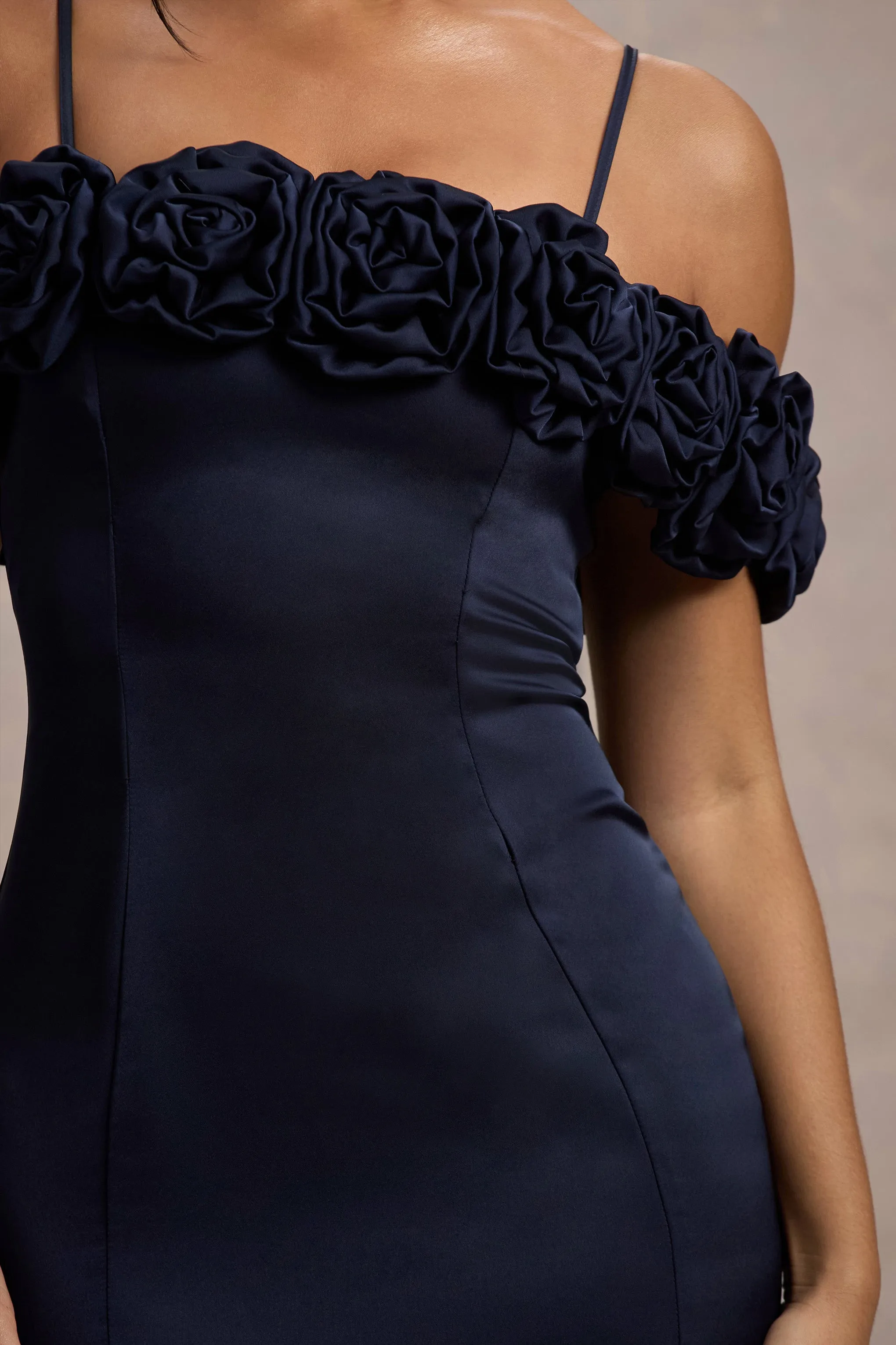 Petunia | Navy Satin Floral Bardot Midi Dress Club L London