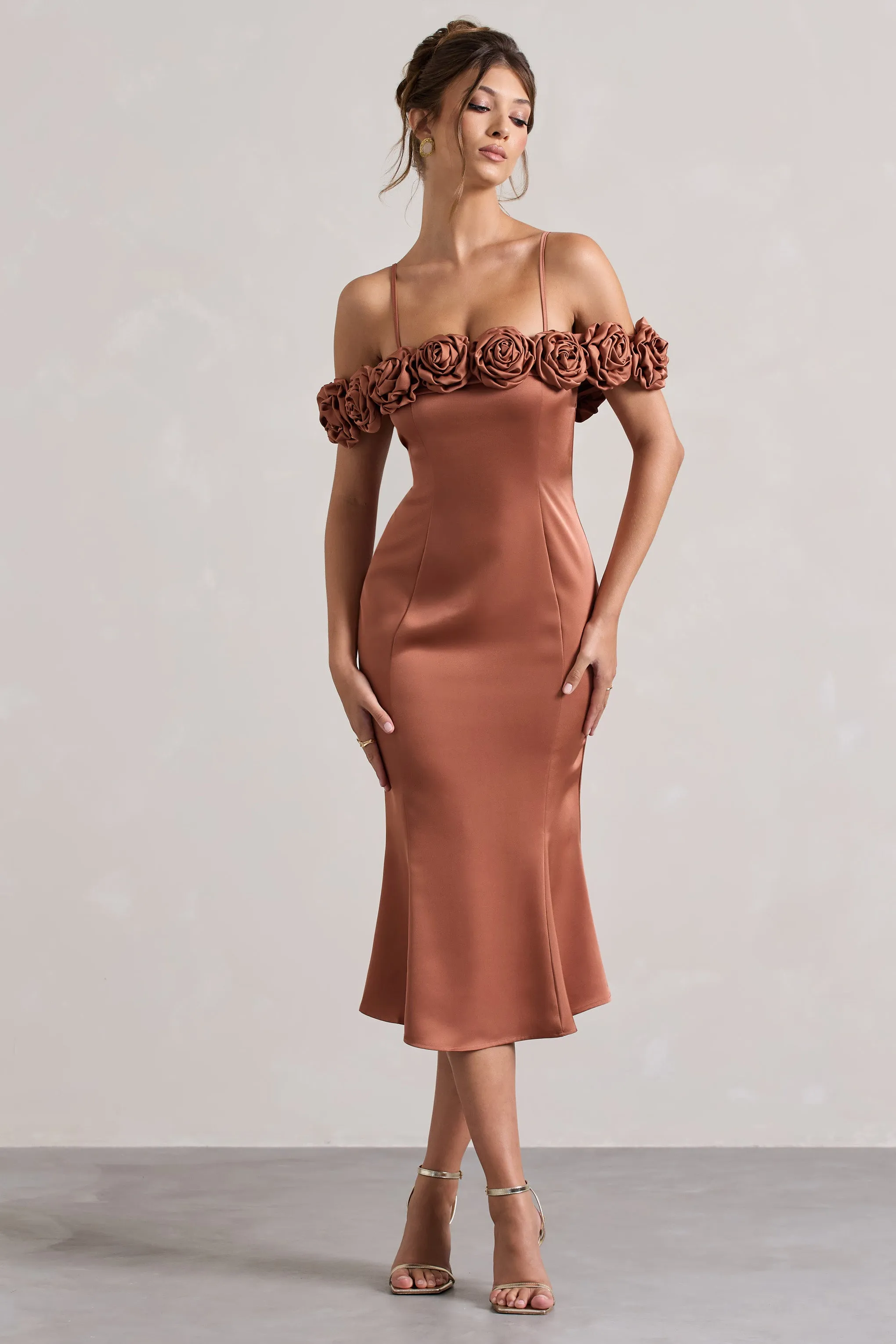Petunia | Rust Satin Floral Bardot Midi Dress Club L London