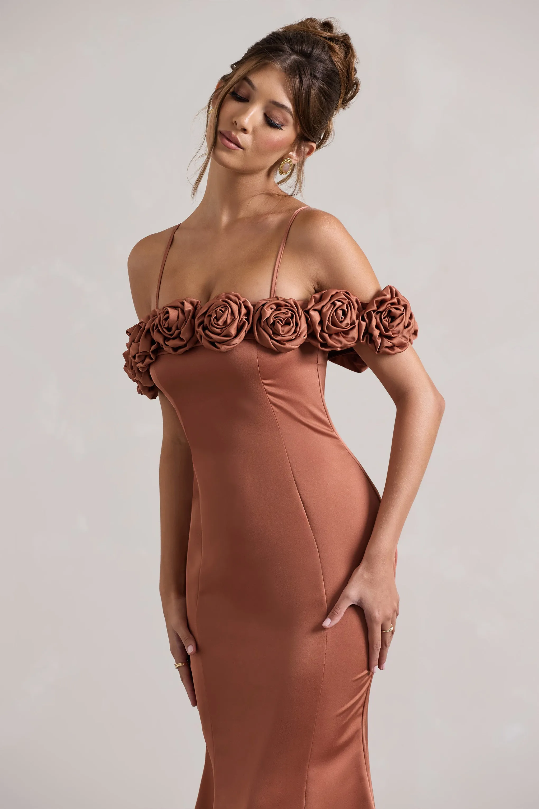 Petunia | Rust Satin Floral Bardot Midi Dress Club L London