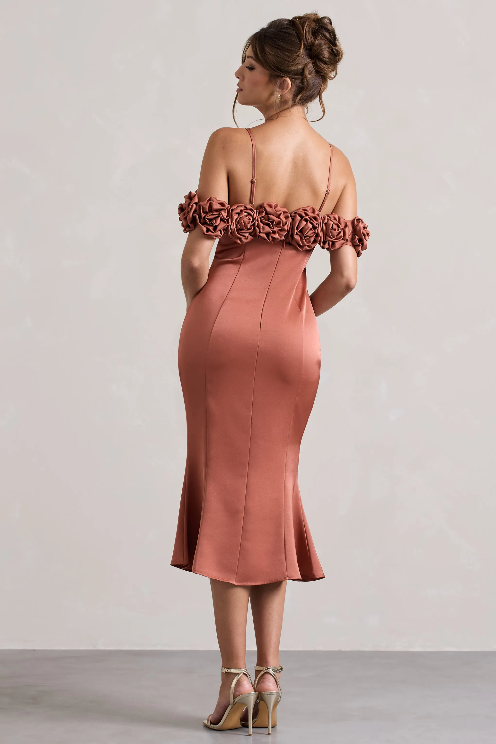 Petunia | Rust Satin Floral Bardot Midi Dress Club L London